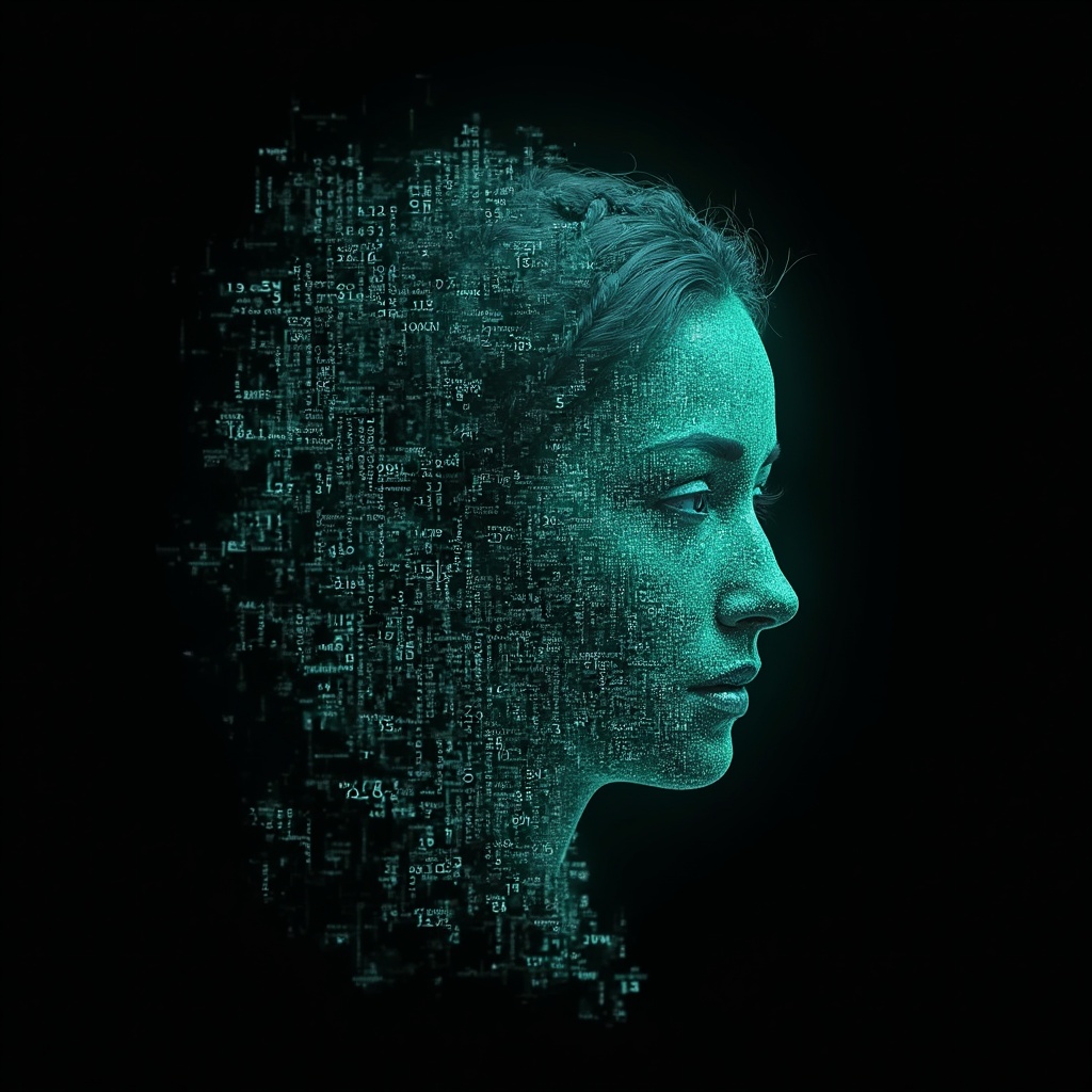 AI generated image by FLUX-Realism-Lora: Emmy Noether's face as a digital mask made from thousands of bright turquoise numbers and formulas forming her face. (she has a round, fat face is 45 years old and has long hair which is made into a plait. She has slightly swollen eyelids) The formulas and numbers fly behind the mask leaving a trail of complexity. The mask is floating dynamically in mid air. Her head is slightly turned to the right but her eyes are looking directly into the camera. The mask is on a black background. Like a png with black only background. Photo realistic, sci-fy