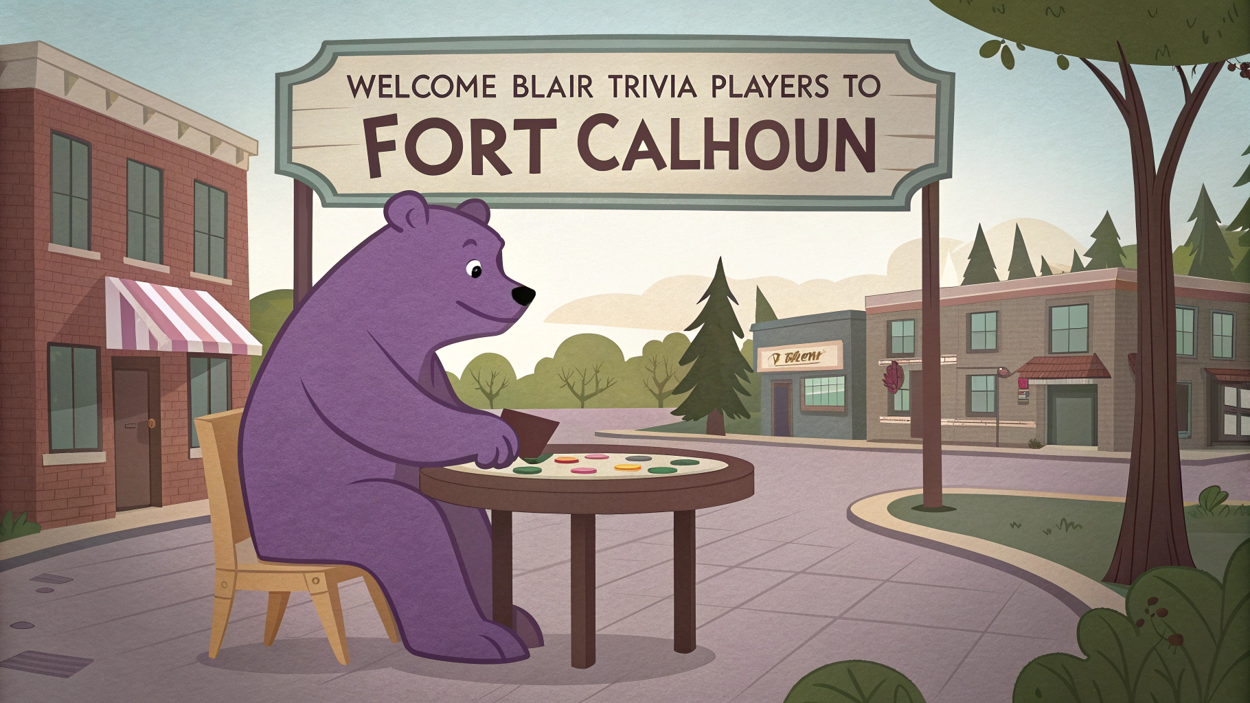 AI generated image by Red Panda AI: A purple bear playing trivia in Fort Calhoun, Nebraska. There is a sign that says, "Welcome Blair Trivia Players to Fort Calhoun"