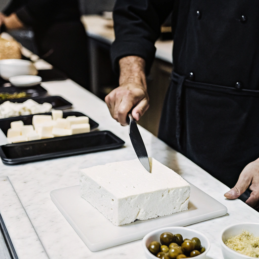 AI generated image by Red Panda AI: food photography of a male master chef hoding a kitchen knife slicing up feta cheese, restaurant kitchen, chefs in background, vivid, still life, realistic, detailed