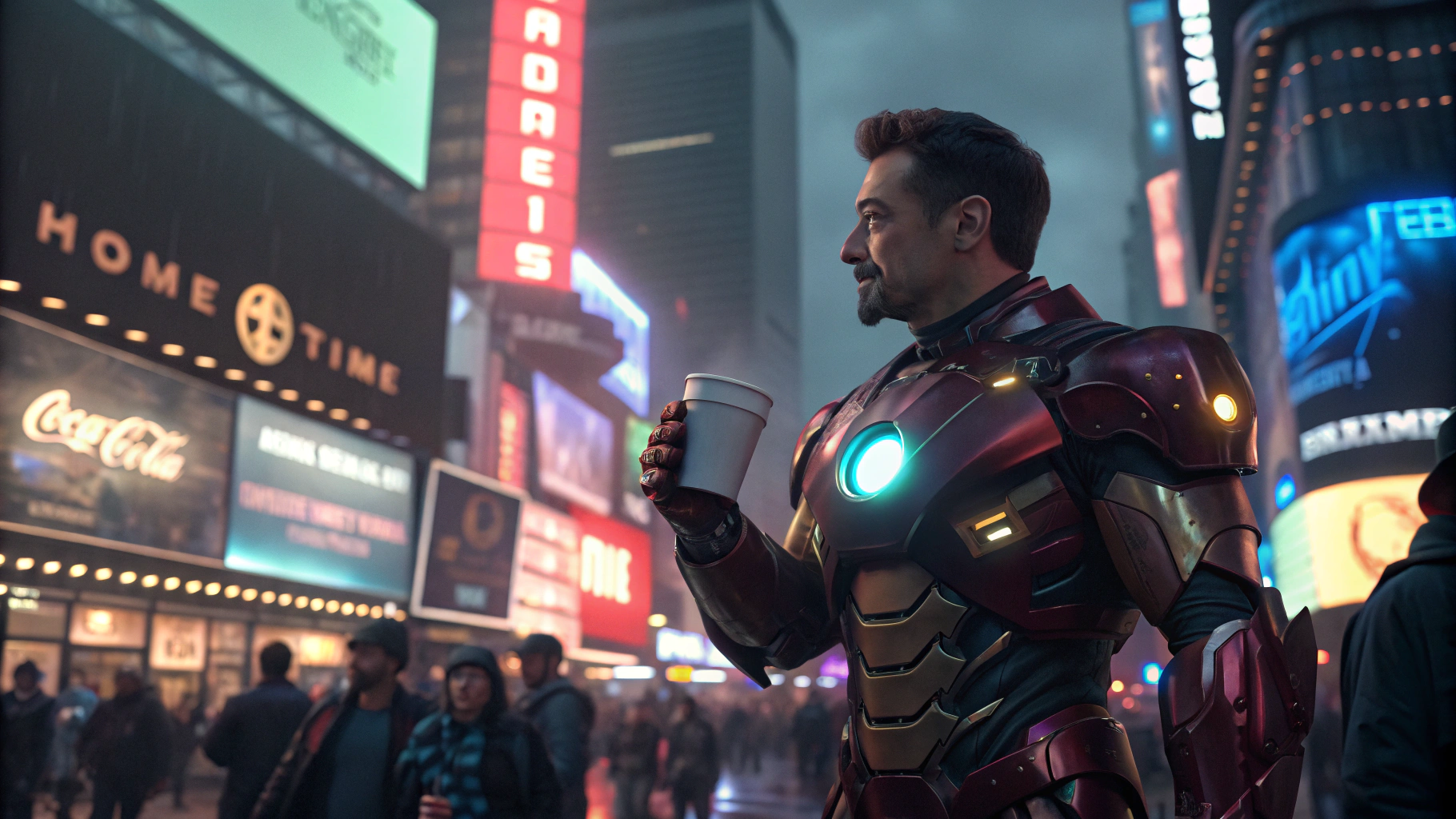 AI generated image by Red Panda AI: A man like Ironman graving a coffee at the street of Times Square.