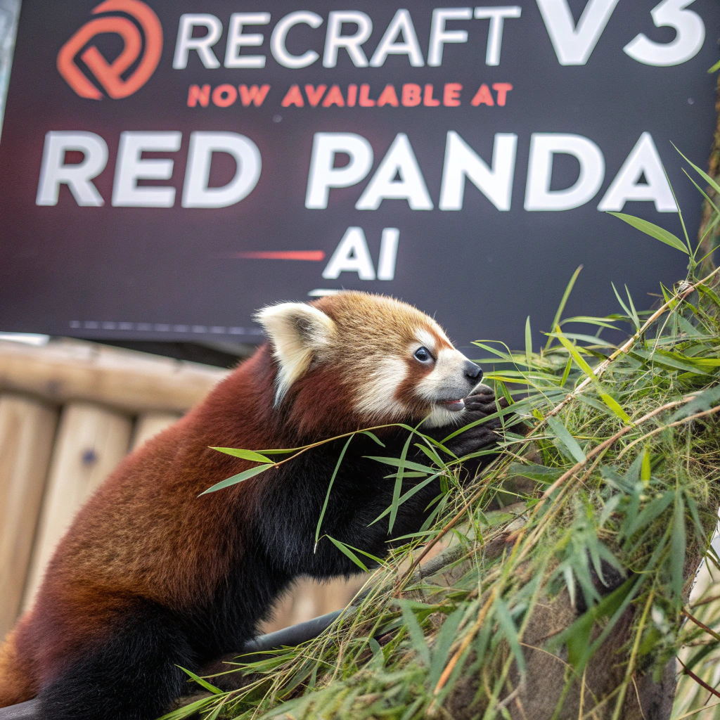 AI generated image by Red Panda AI: a red panda eating a bamboo in front of a poster that says "recraft V3 now available at red panda ai