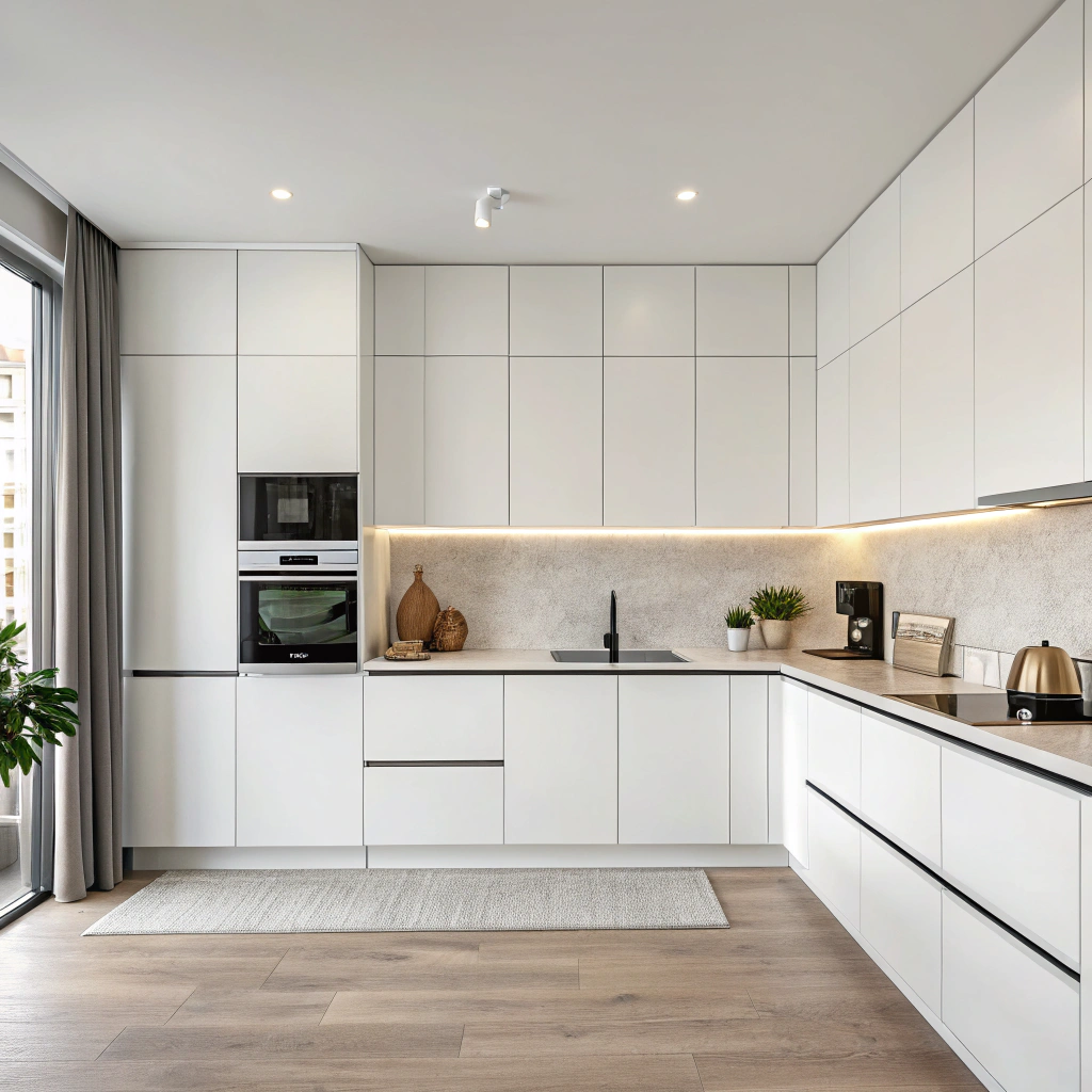 AI generated image by Red Panda AI: Une cuisine en linéaire, toute simple avec des façades blanches tout simple également. Elle doit avoir une allure assez chic afin que nous puissions l'utiliser pour notre marque, elle doit donc donner l'impression qu'elle provient d'un magazine mais sans en faire trop non plus.