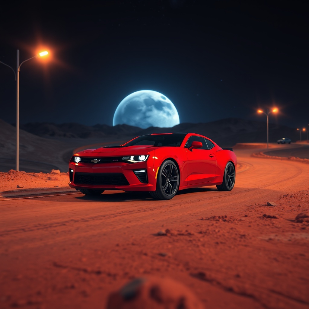 AI generated image by FLUX.1-schnell: A crimson red Camaro zooms down the serpentine lunar highways, its sleek curves reflected in the moon's rusty red soil beneath. Behind it, the curved horizon of the Earth glows with a soft blue hue, as if painted by the rising stars in the velvety blackness of space. Streetlights flicker to life, casting a warm orange glow on the desolate, powdery moon surface. The scene is bathed in the deep, inky darkness of night, with the slight purple of the Earth's atmosphere muted in the distance. Render this cinematic scene in ultra-high definition, with painstaking attention to every texture, every shred of detail, every nuanced play of light and shadow.
G