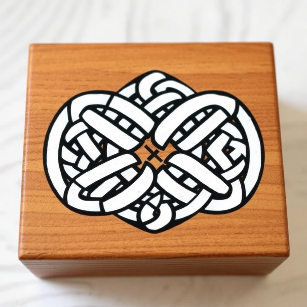 AI generated image by FLUX.1-schnell: A black and white Celtic knot suitable to use as a border on a wooden box
