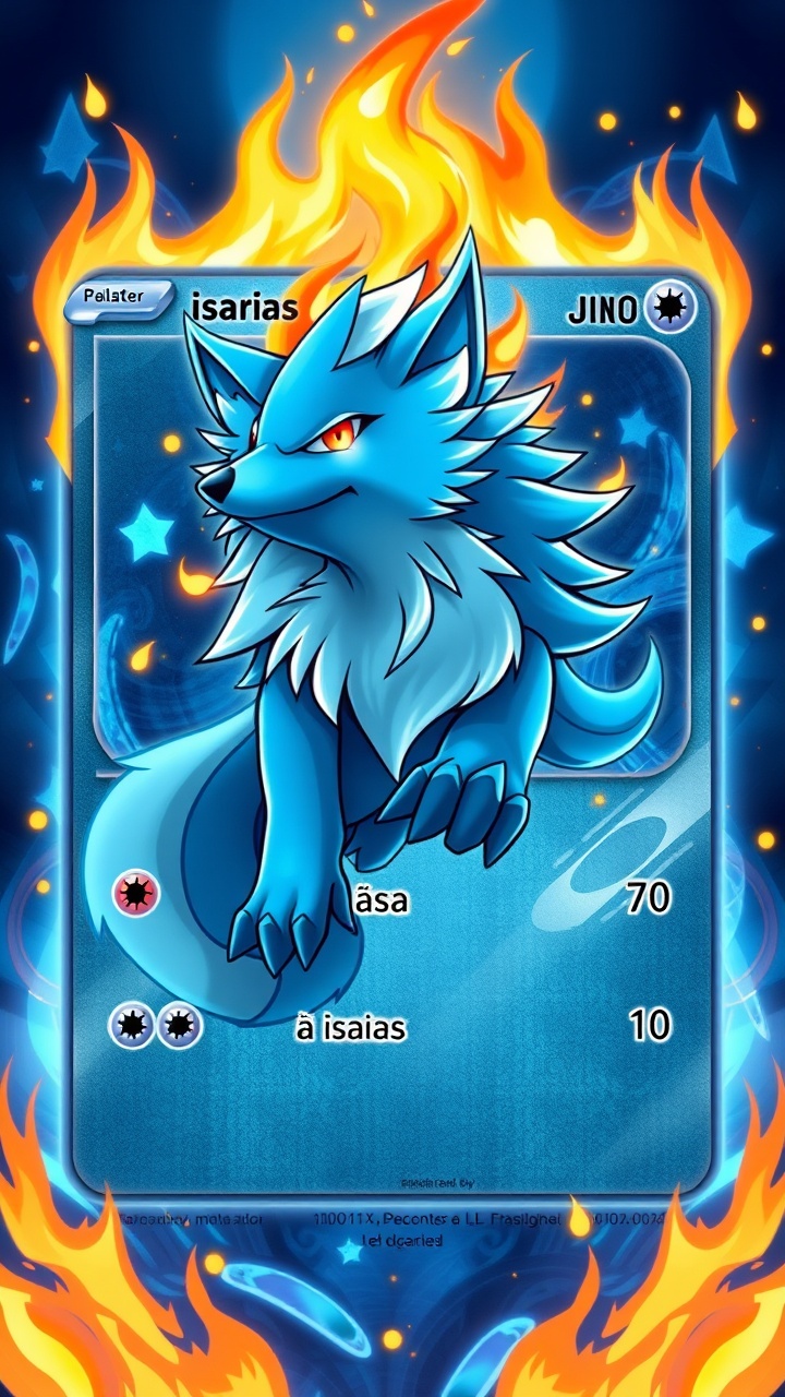 AI generated image by FLUX.1-schnell: Pokémon Cards tiene en el cuadro principal un lobo que escupe fuego como nombre principal se lee "isaias" la tonalidad es de colores azules y metálicos orográficos