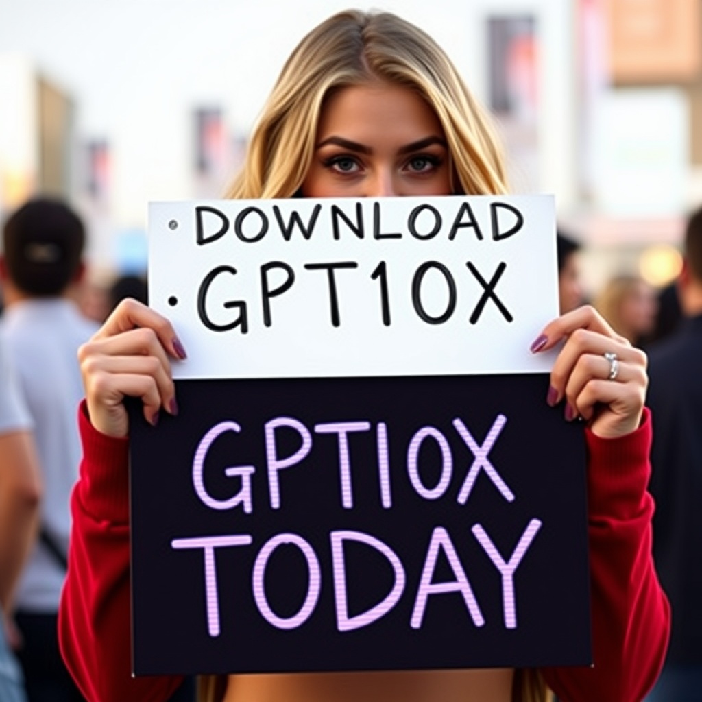 AI generated image by FLUX.1-schnell: a hot girl holding a sign that says Download GPT10X Today