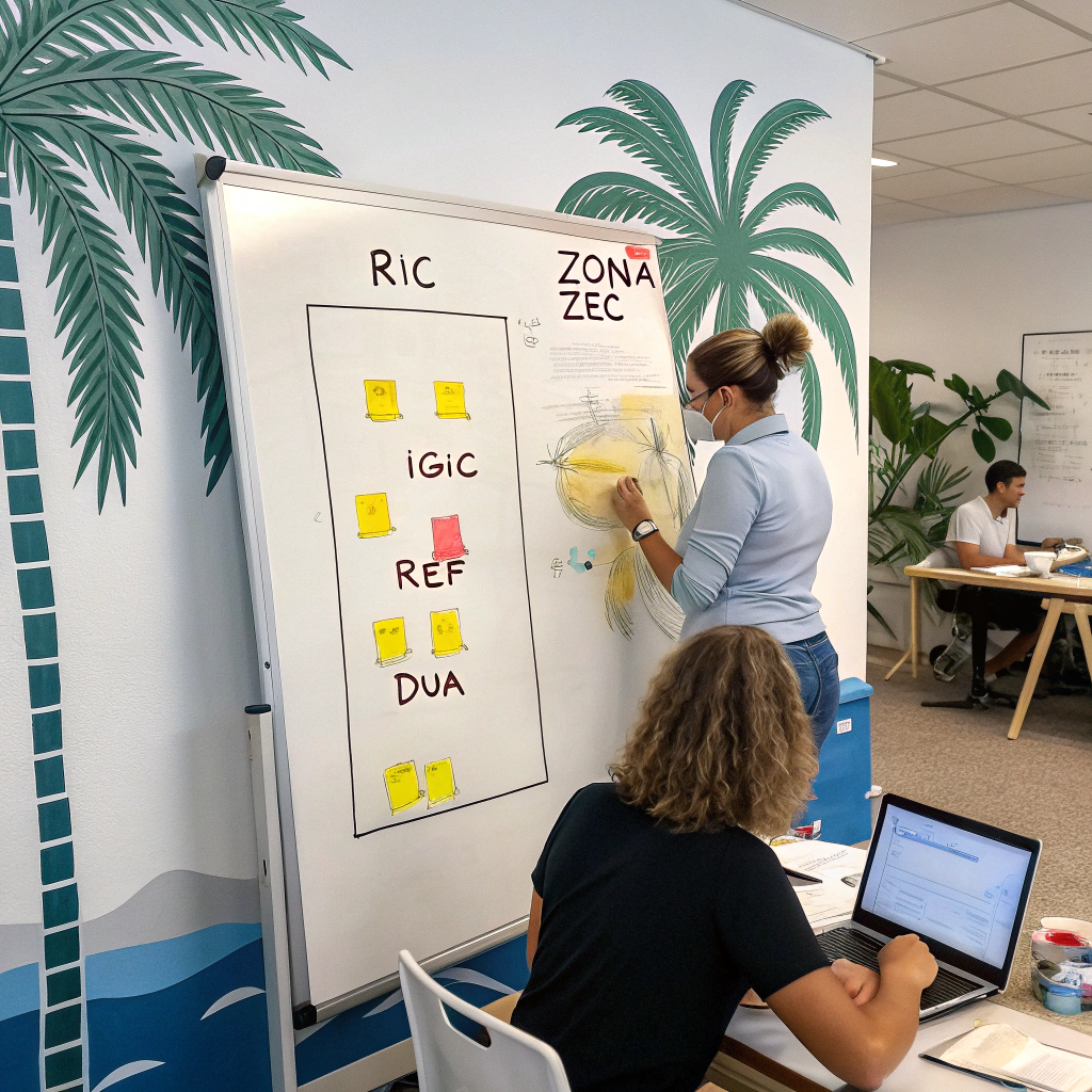 AI generated image by Red Panda AI: TENGO QUE HACER UNA PORTADA PARAUNA PROGRAMACION, DOCENTE, LA ASIGNATURA QUE ES ESCOGIDO EN CONTABILIDAD Y ME GUSTARIA QUE  EN LA IMAGEN TUVIERA ALGO RELACIONADO CON  LA ISLAS CANARIAS , ALGUNA PALABRA CON RIC, REF, PODRIAN PROPONER ALGUNA IMAGEN. PROPOGO UNA PIZARRA, BLANCA, CON NOTAS ADHESIVA PEGADA. CON LAS PALABRA, RIC, ZONA ZEC, IGIC, REF, DUA, UN MAPA DE LAS ISLAS CANARIAS , , UNA DOCENTE , 2 ALUMNO, CON SUS ORDENADORES PORTATILES