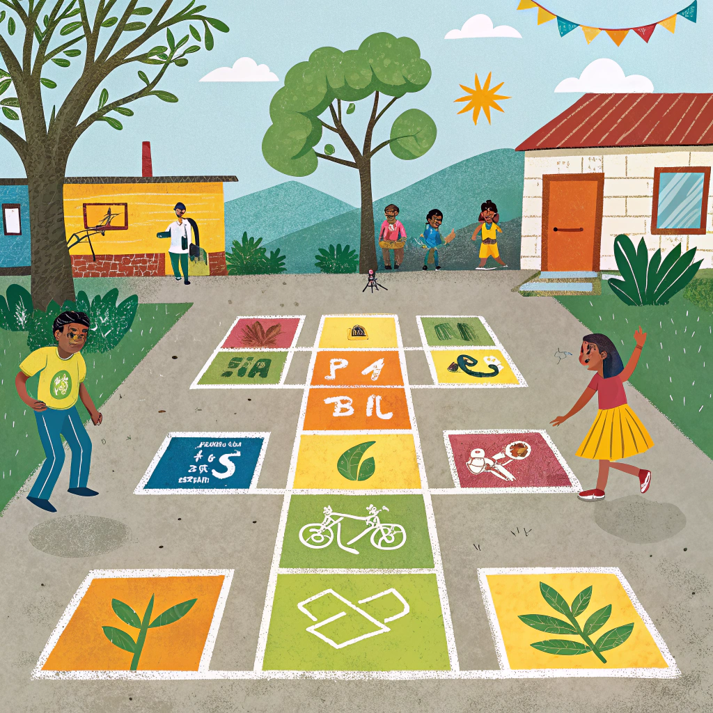 AI generated image by Red Panda AI: Crea un dibujo del juego popular la rayuela aca en Ecuador de forma creativa que integra elementos gráficos relacionados con el medio ambiente. Cada cuadrado de la rayuela deberá representar simbólicamente un aspecto importante de la naturaleza y la sostenibilidad.