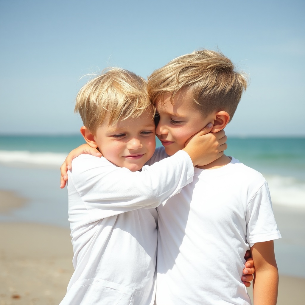 AI generated image by FLUX.1-schnell: deux garçons blond de huit ans s’embrassant sur la bouche à la plage