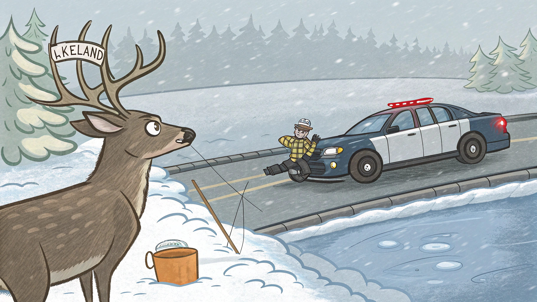 AI generated image by Red Panda AI: a deer is Ice fishing at "Lakeland", sheriff patrol races past on the highway chasing a drunk driver, cartoon style