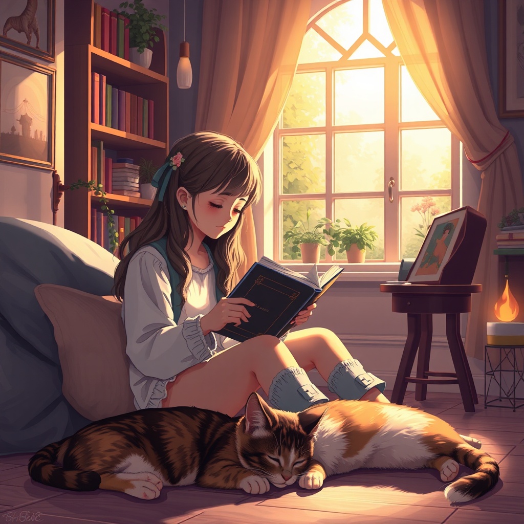 AI generated image by FLUX.1-schnell: a girl is reading book, in her beautiful house, her cat is sleeping on the floor