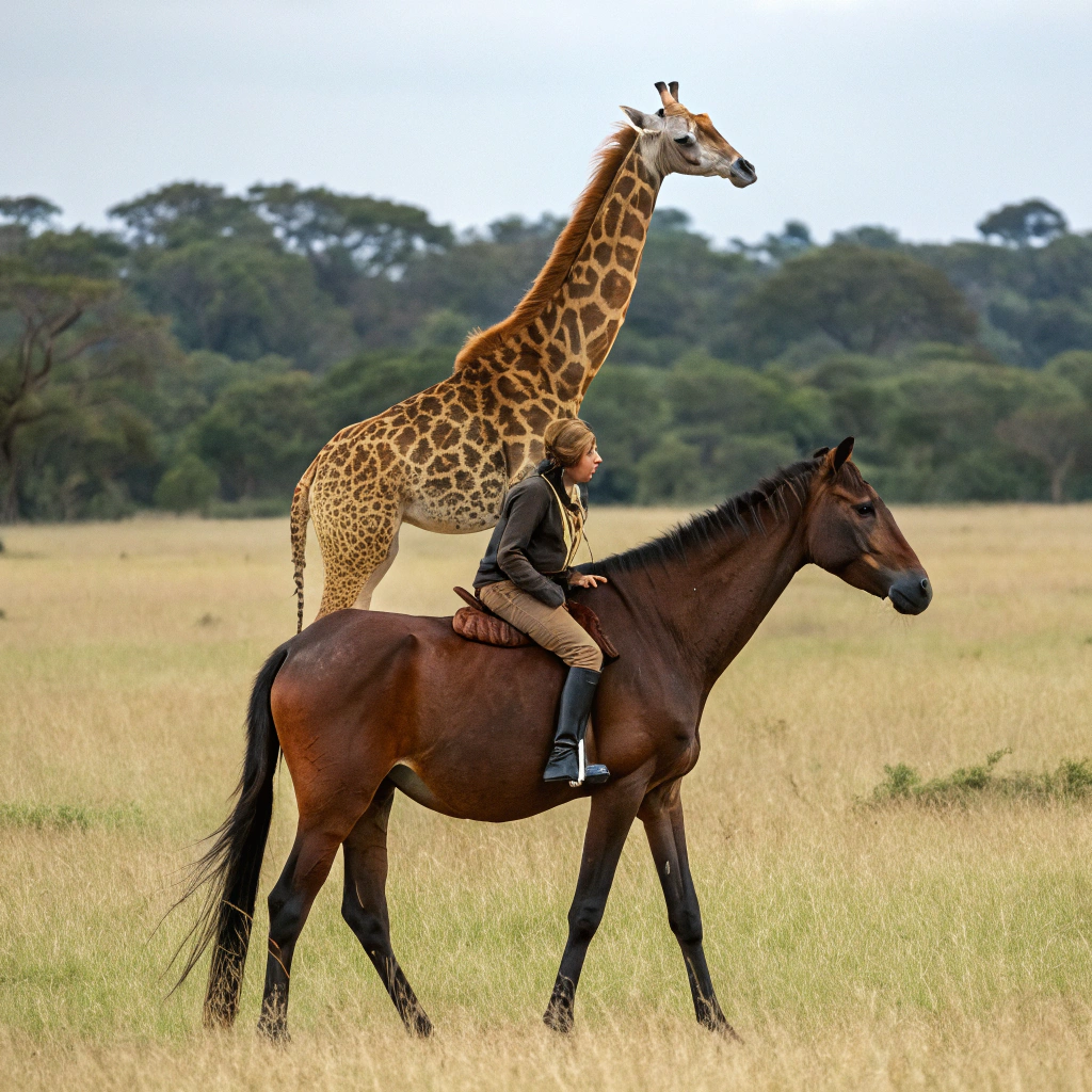 AI generated image by Red Panda AI: giraffe riding a horse.