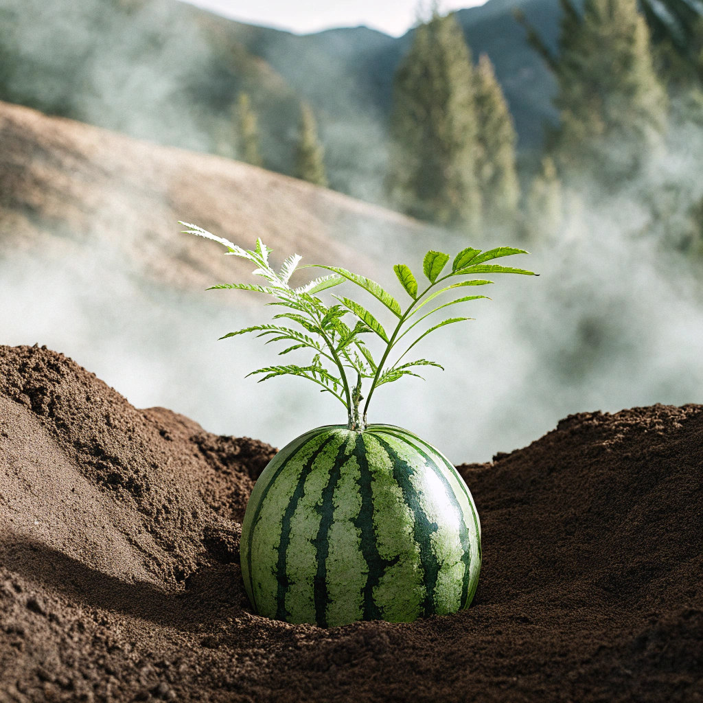 AI generated image by Red Panda AI: planta en el suelo de una sandia en crecimiento en medio de una espesa niebla en las mostañas Estilo Hiperrealista / Hyperrealistic style Refik Anadol