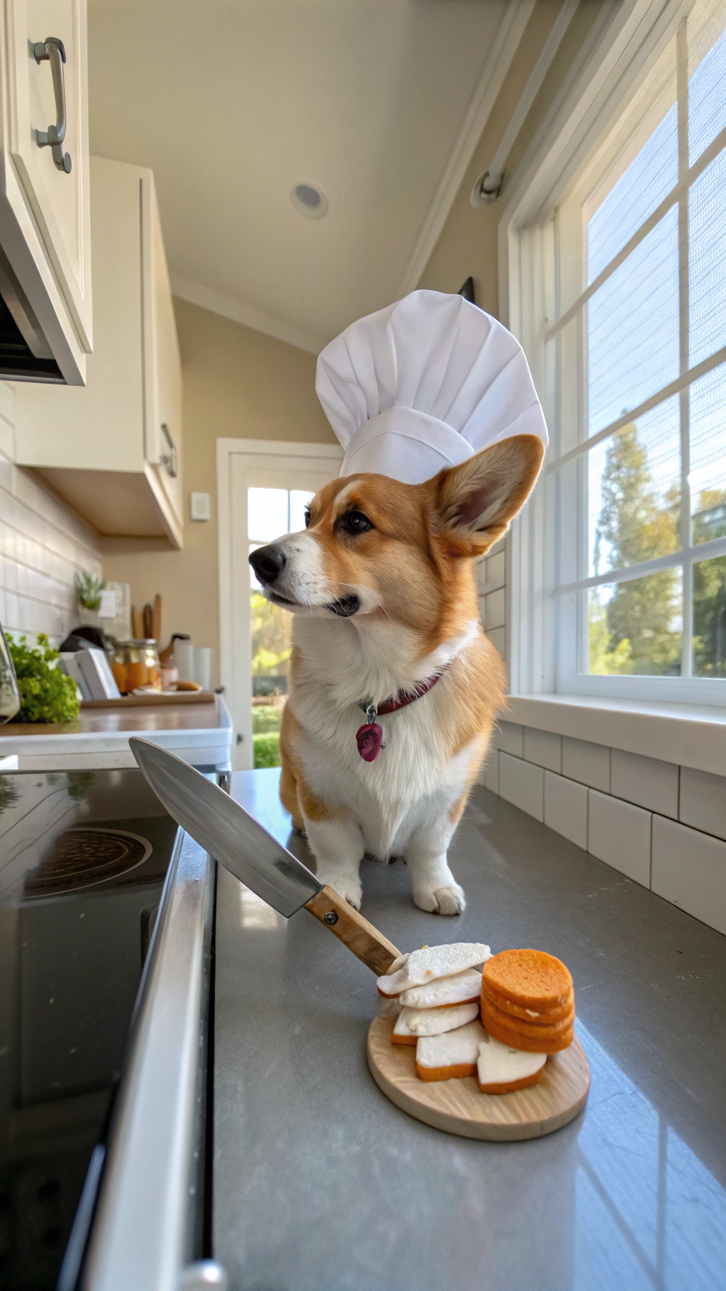 AI generated image by Red Panda AI: a corgi is holding a knife with one paw and slicing into a sausage. Corgi is wearing a white chef's hat, and standing in an american suburban kitchen during the day. wide angle iphone video.