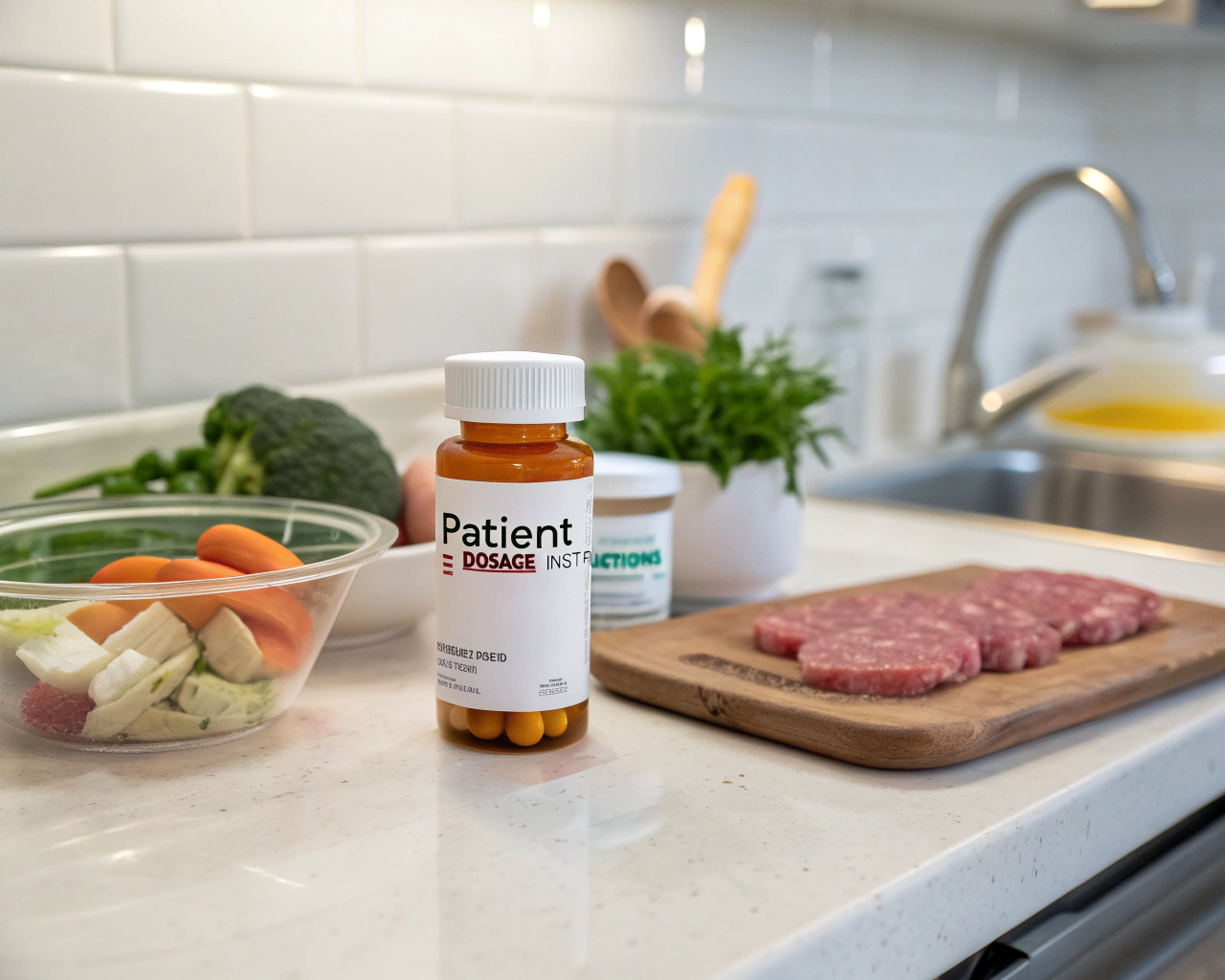 AI generated image by Red Panda AI: A kitchen countertop scene with a bottle of medicine showing the patient's name and dosage instructions. Left to the medicine, there are ingredients for cooking, such as vegetables and meat. The medicine label and food are clearly visible.