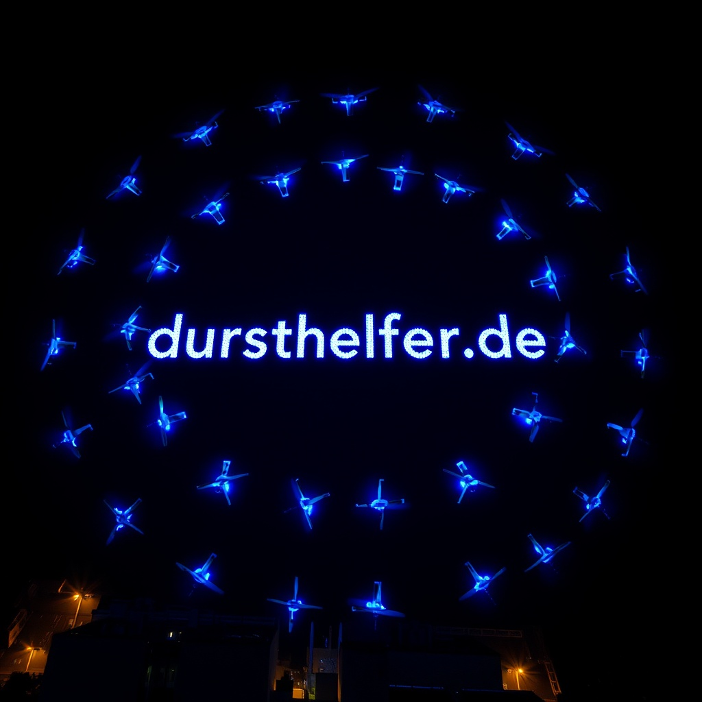 AI generated image by FLUX.1-schnell: An aerial night scene with a formation of drones lighting up in a large circular pattern, spelling out 'dursthelfer.de' in the center. The drones are arranged to create a cohesive design, using vibrant blue lights with some complementary colors to add detail. The design has a futuristic look, with additional simple shapes or lines around the text, similar to a digital display. The city lights below add depth, making the drones' lights stand out against the dark sky.
