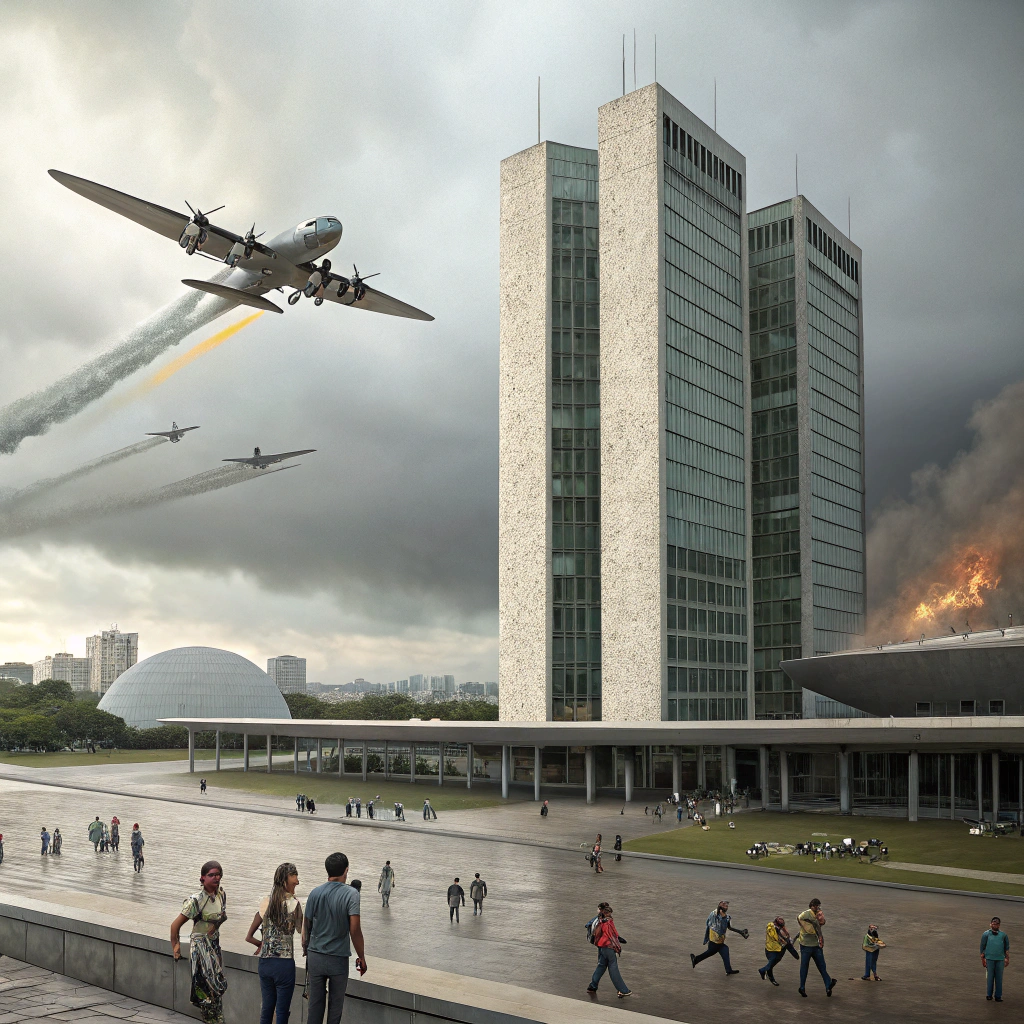 AI generated image by Red Panda AI: Crie imagem de um bombardeiro soviético atacando congresso brasileiro