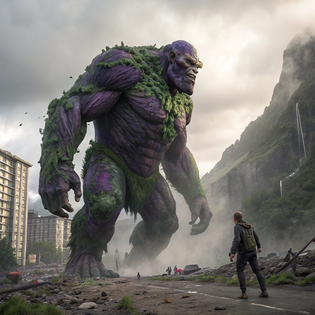 AI generated image by Red Panda AI: Crie uma imagem ultrarealista de um troll das montanhas, um troll muito forte e muito grande, medindo mais de 4 metros, ele tem a pele roxa com secreção verde saindo pelo corpo, contem 5 cabeças conectadas e espalhadas pelo corpo, ele está prestes a enfrente seu oponete, um humano de 1,70mt mas que é muito forte e está muito bem equipado com sua armadura de vibranio, ele contém um poder incomparavel e essa batalha será epica, crie um cenario caotico, pos apocaliptico, e deixa a sensação que essa batalha pode mudar o curso da historia do mundo, pois o humano está lutando para proteger os poucos humanos que restaram, de um destaque no humano e no troll pois a intenção é mostra a batalha entre os dois.