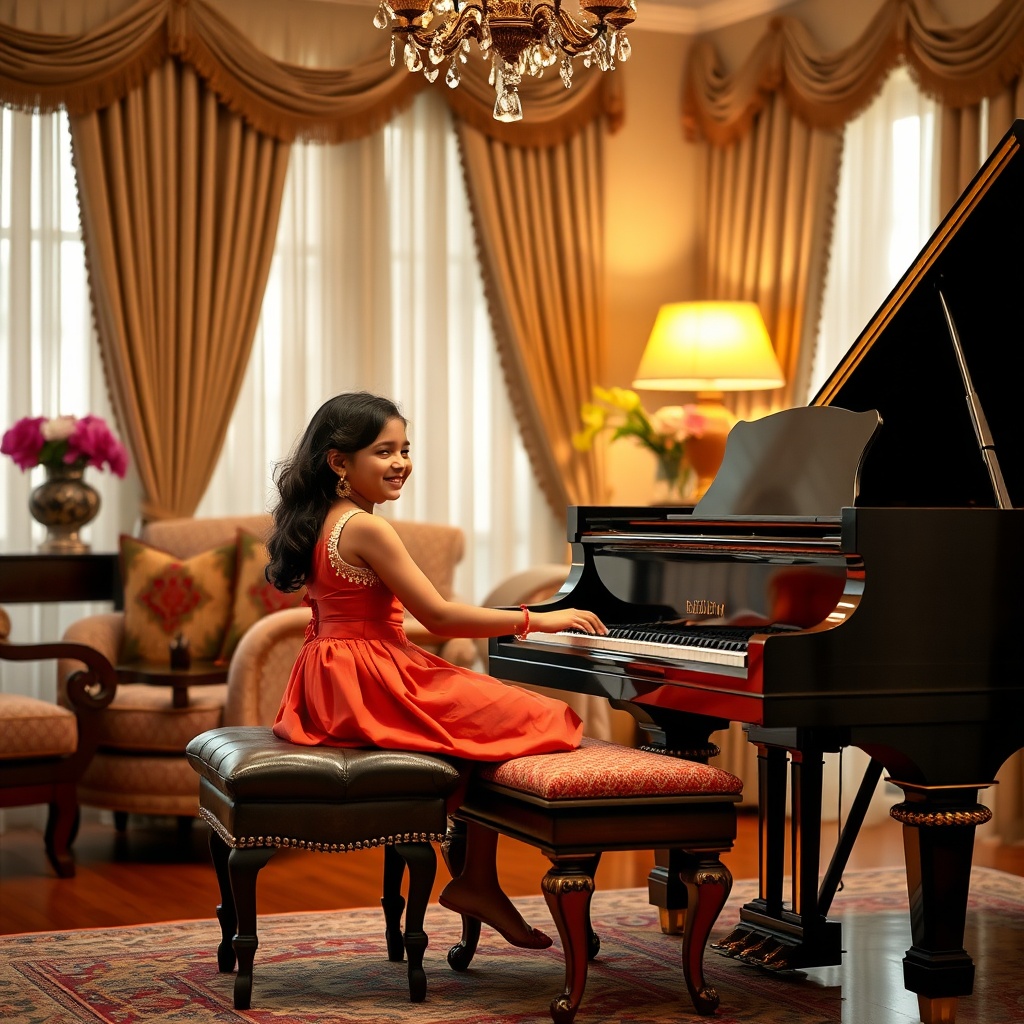 AI generated image by FLUX.1-schnell: The scene is in an affluent Metropolitan city home drawing room in India with a happy young girl with Indian features playing the 8 Octave Grand Piano sitting upright on a Piano bench.
