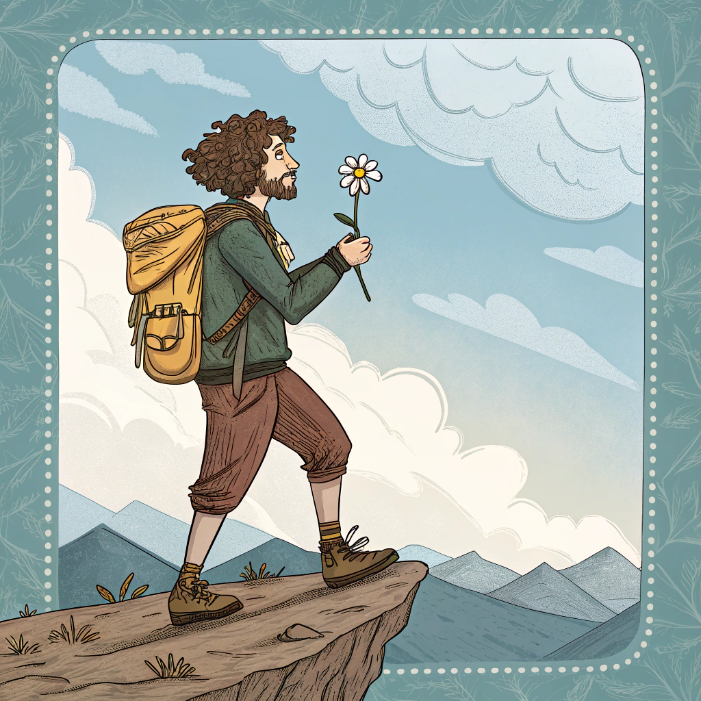 AI generated image by Red Panda AI: recrear la carta de tarot "The Fool" con el hombre con pelo con rulos barba corta, mas larga en el menton, terminando la barba en punta