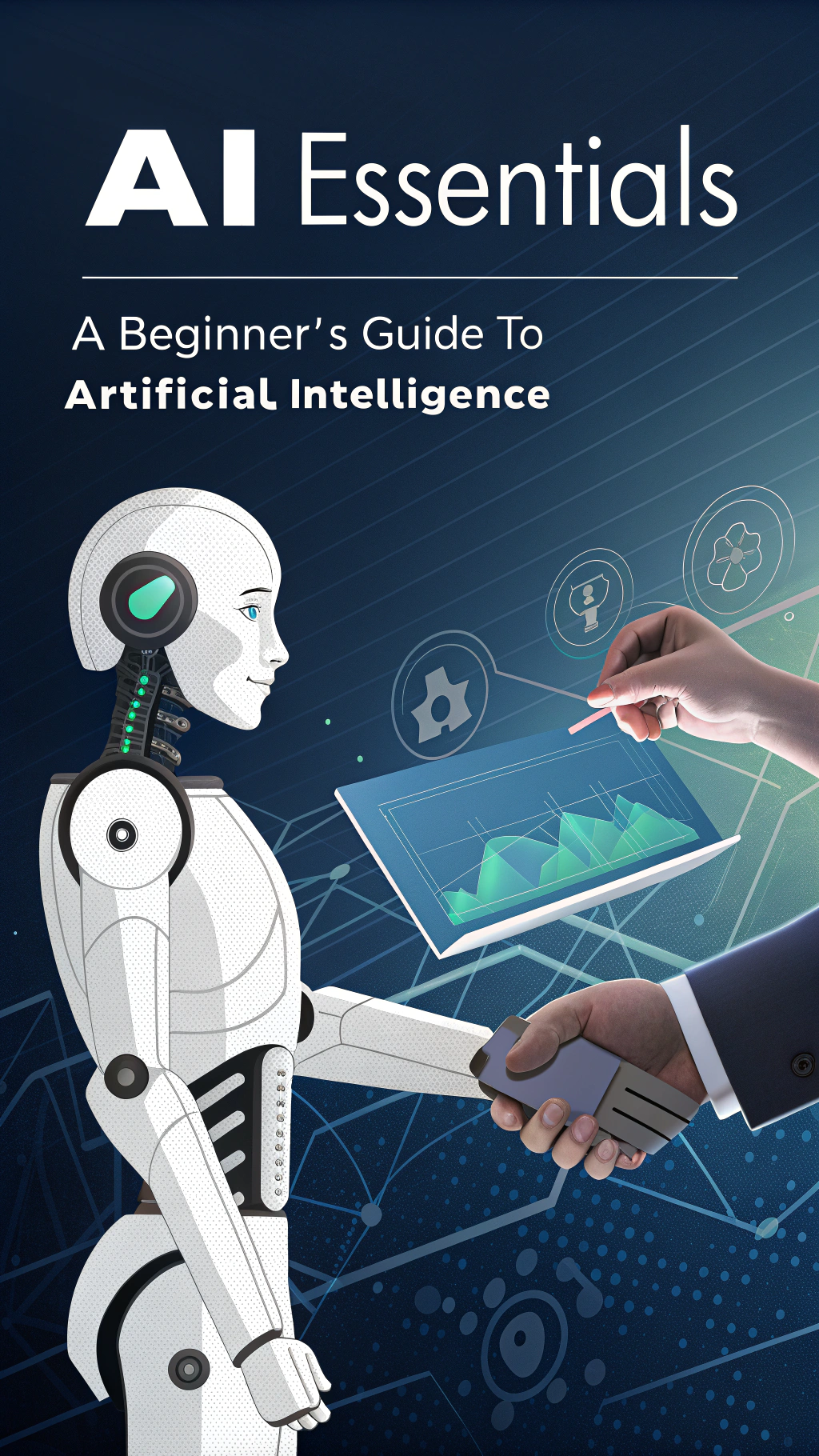 AI generated image by Red Panda AI: create a ebook cover , the ebook name is "AI Essentials: A Beginner’s Guide to Artificial Intelligence"