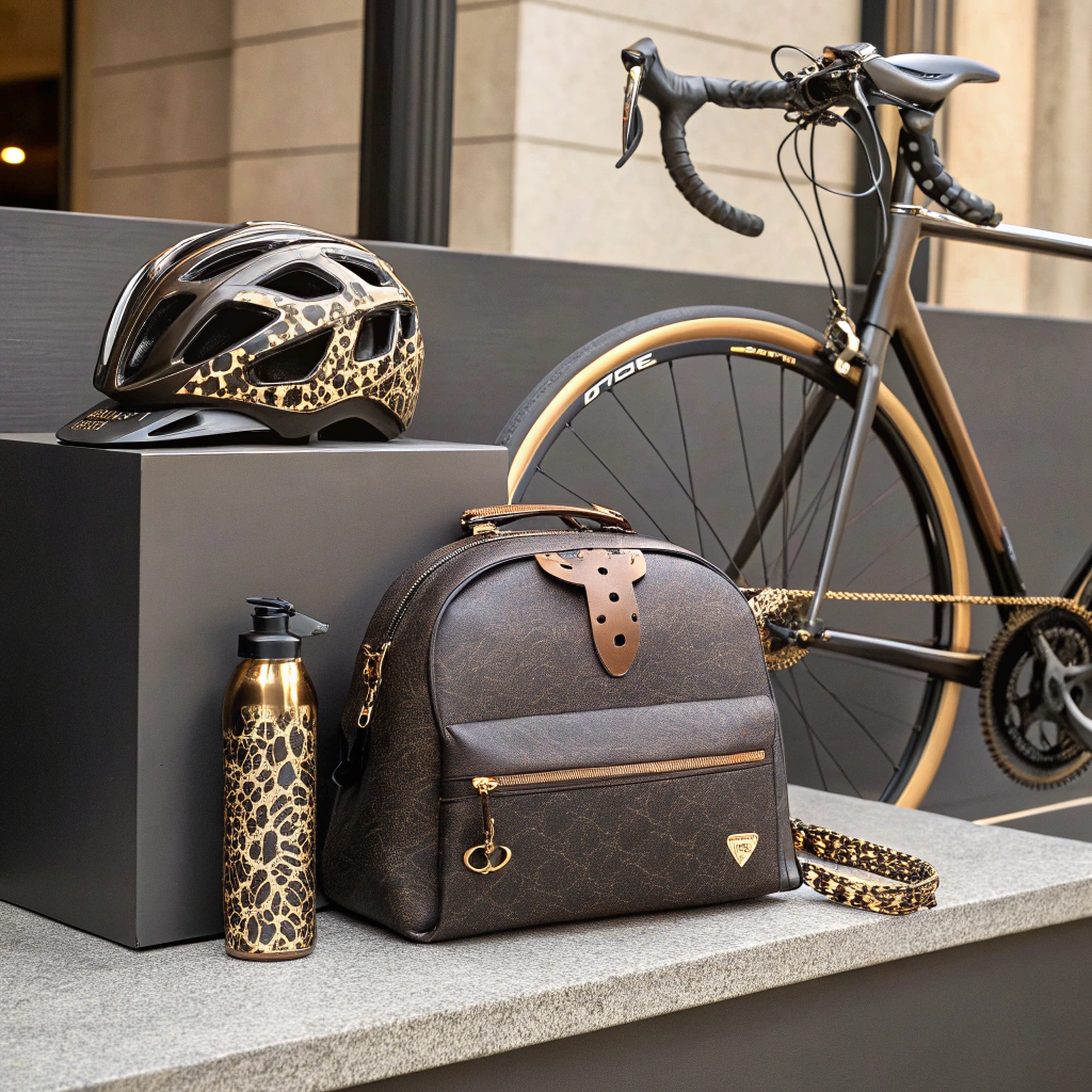 AI generated image by Red Panda AI: Prompt for Creating a Line of Accessories for This E-Bike:
“Design a luxury line of accessories that complement an e-bike with an elegant and unique leopard-print frame. Include high-end items such as a matching helmet with refined leopard accents, a sleek bike lock with metallic gold details, and a stylish, compact bike bag featuring premium leather with subtle leopard detailing. Add a chic water bottle holder with a coordinated print and a saddle cover made of high-quality fabric matching the bike’s aesthetic. The accessories should convey luxury, style, and harmony with the e-bike’s design, emphasizing elegance and exclusivity. Showcase these accessories on a sophisticated display stand next to the e-bike for context, set against an upscale urban background.”