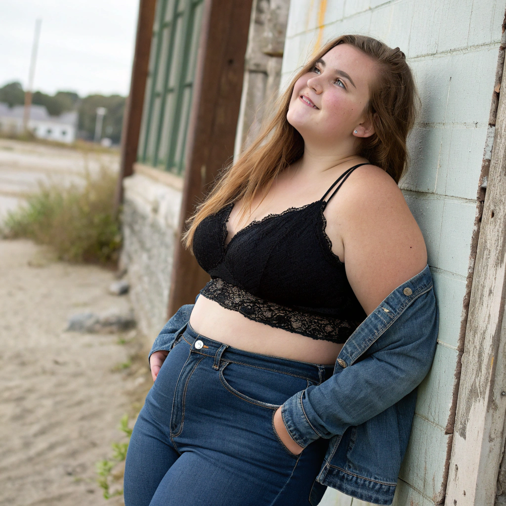 AI generated image by Red Panda AI: girl next door, 18 years old, overweight, amazing looking, nice 48 DD breasts, casual pose, not professional model