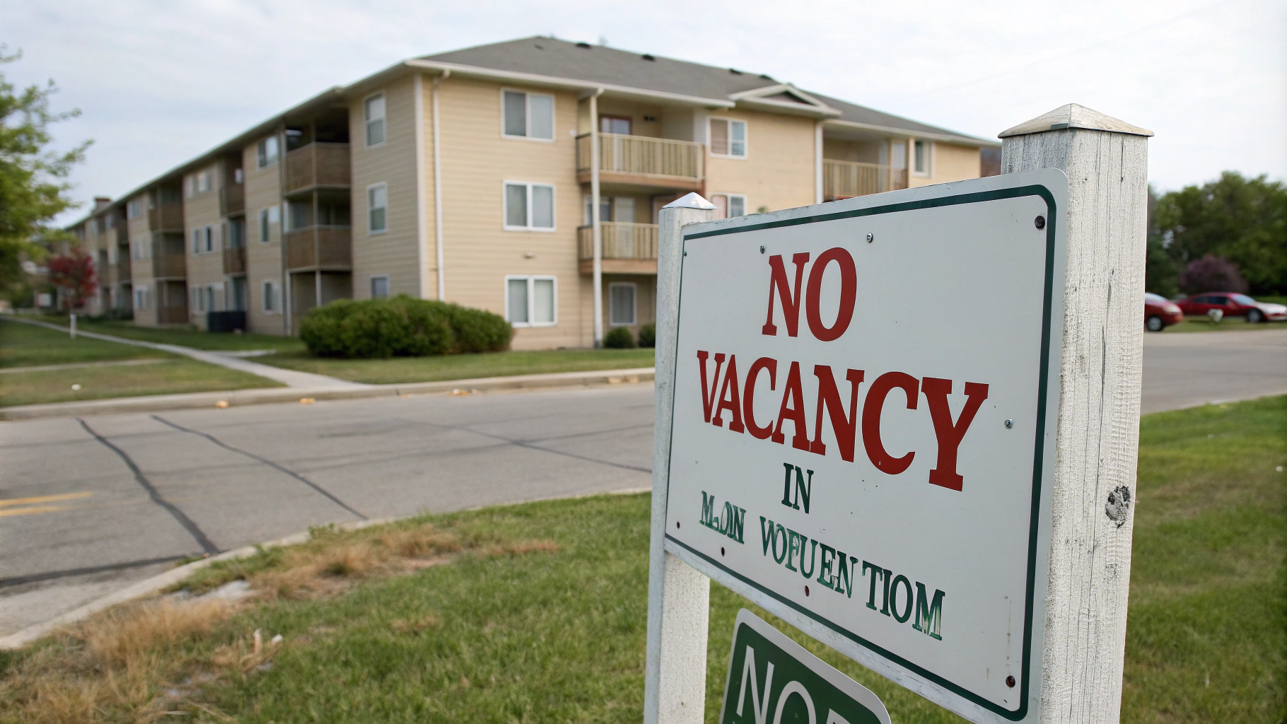 AI generated image by Red Panda AI: "No Vacancy in Blair, Nebraska" sign in front of apartment complex