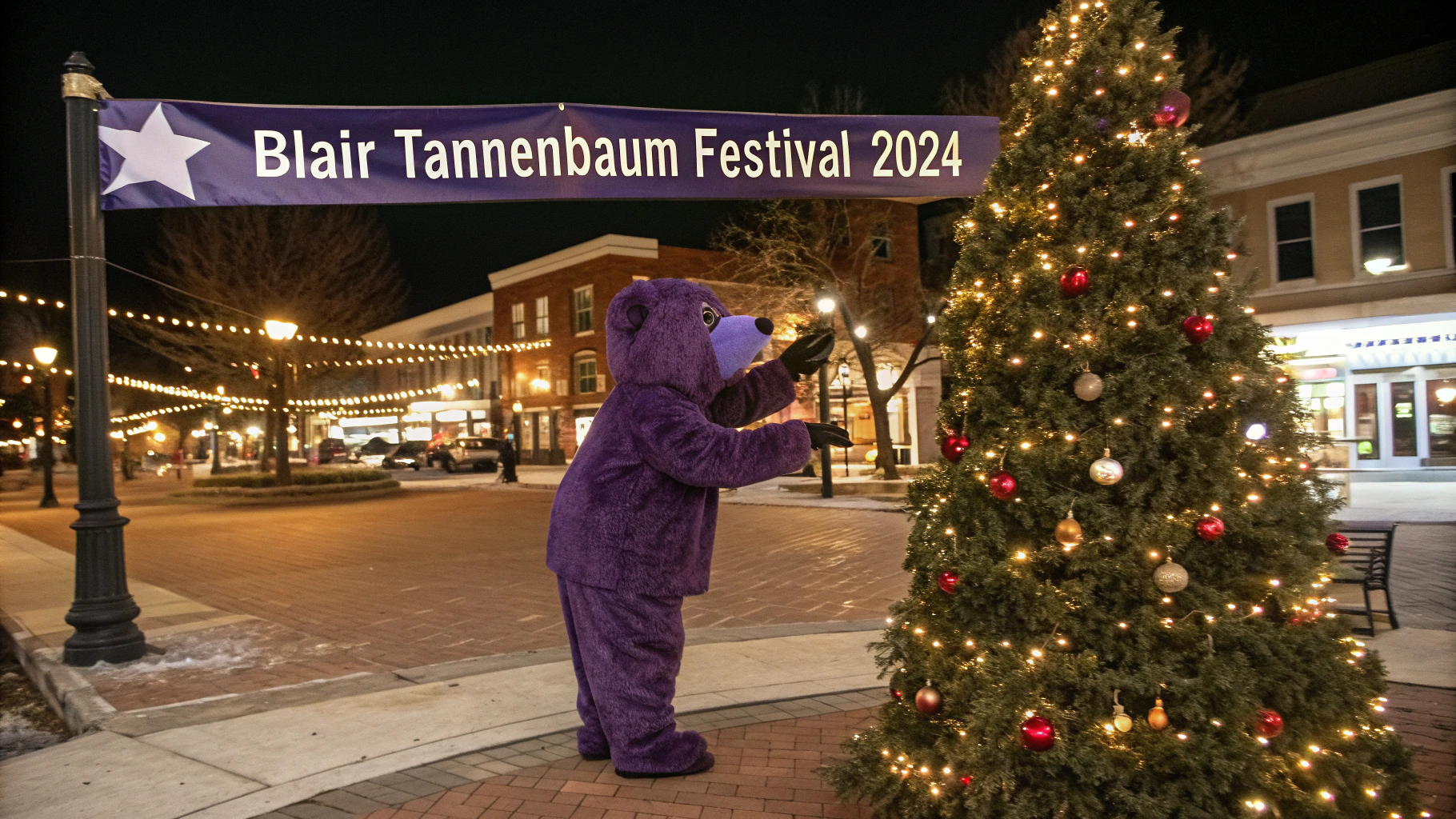 AI generated image by Red Panda AI: purple bear puts an ornament on a christmas tree. this is in a town square in Blair, Nebraska. there is a banner that reads "Blair Tannenbaum Festival 2024"