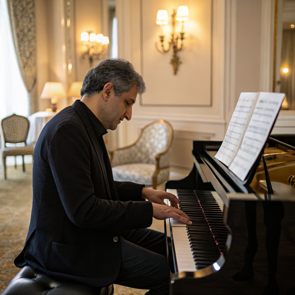 AI generated image by FLUX.1-schnell: rastko gmijovic svira klavir