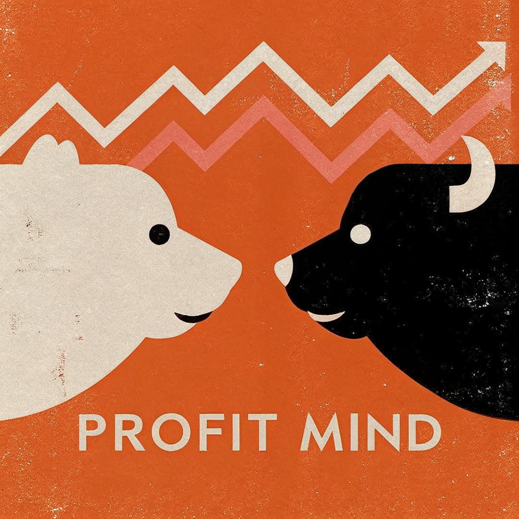 AI generated image by Red Panda AI: quiero que crees un fondo para mi canal de stream, mi canal se llama "PROFIT MIND" es un canal educativo de finanzas, especializado en trading. Utiliza la gama de colores de azul a violeta. Que en el fondo tenga una línea de tendencia alcista representada con velas japonesas, en el centro de la imagen un toro enfrentado a un oso y abajo a la derecha el nombre PROFIT MIND