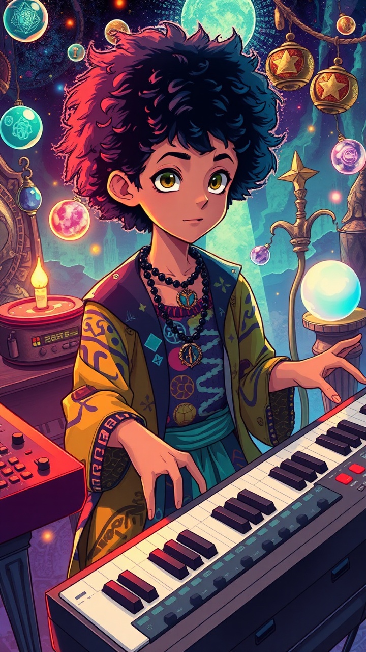 AI generated image by FLUX.1-schnell: An anime-style medium shot of a boy with an afro playing synths and drum machines. He is wearing a colorful outfit with patterns and has a necklace with various symbols. The background is a magical, colorful scene with occult symbols and attributes. There are floating orbs, a magical staff, and a crystal ball. The overall scene has a whimsical and magical atmosphere.