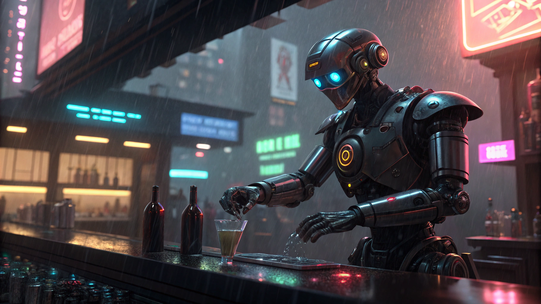 AI generated image by Red Panda AI: "A futuristic robot bartender with sleek chrome plating, glowing neon eyes, and a polished, high-tech design, skillfully mixing a cocktail in a cyberpunk-style bar. The atmosphere is moody with vibrant holographic advertisements and a neon-lit cityscape visible through the rain-streaked windows. The robot's hands move with precision, pouring liquids with an almost human-like grace. 4K, hyper-detailed, cinematic lighting, sci-fi aesthetic."