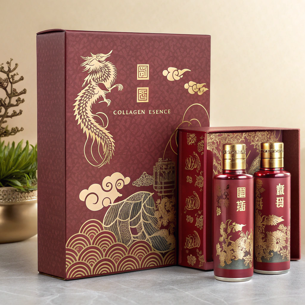 AI generated image by Red Panda AI: A luxurious high-end Chinese palace style packaging design for collagen essence single-dose vials(30vials total), featuring a deep red and gold color scheme, dragon and phoenix motifs, intricate cloud patterns, embossed gold foil details, textured premium paper, elegant Chinese typography, studio lighting, ultra-detailed, high-quality product mockup, photorealistic, 8K resolution