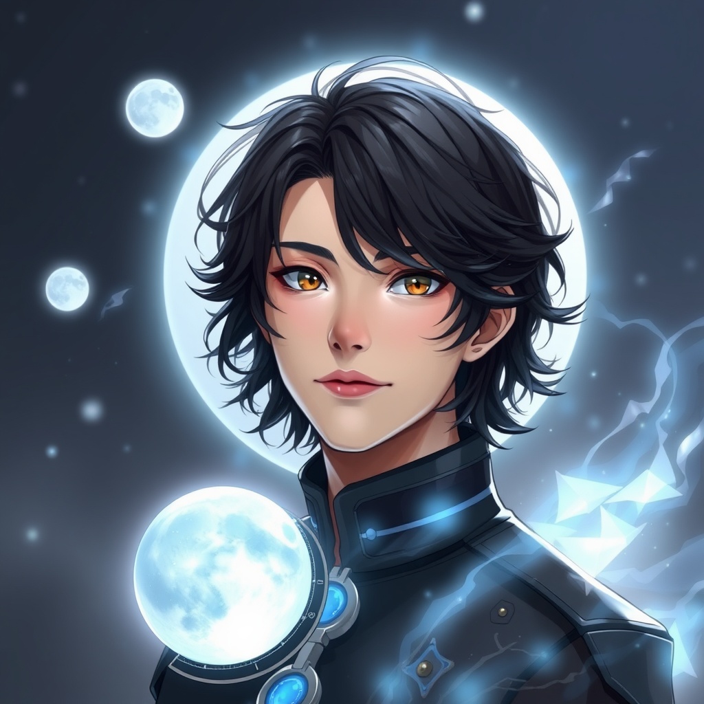 AI generated image by FLUX.1-schnell: Agent "MoonHype" is a 21-year-old male VALORANT agent with wavy black hair and brown eyes. Known as the Moon God, he possesses extraordinary abilities including the 'Dimensional Eye' to perceive other dimensions, the 'Chrono-Clock' to manipulate and traverse time, the 'Interdimensional Gateway' to travel between realities, and the power of 'Creator Cloning'.