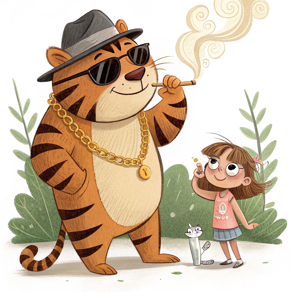 AI generated image by Red Panda AI: “Generate an original cartoon tiger character, not based on any existing character, with brown and dark-brown stripes in a friendly, playful children’s-storybook style.” And, give him gold chain, holding and dark sunglasses, wearing a fedora and smoking a menthol cigarette, with a white girl that is overweight.