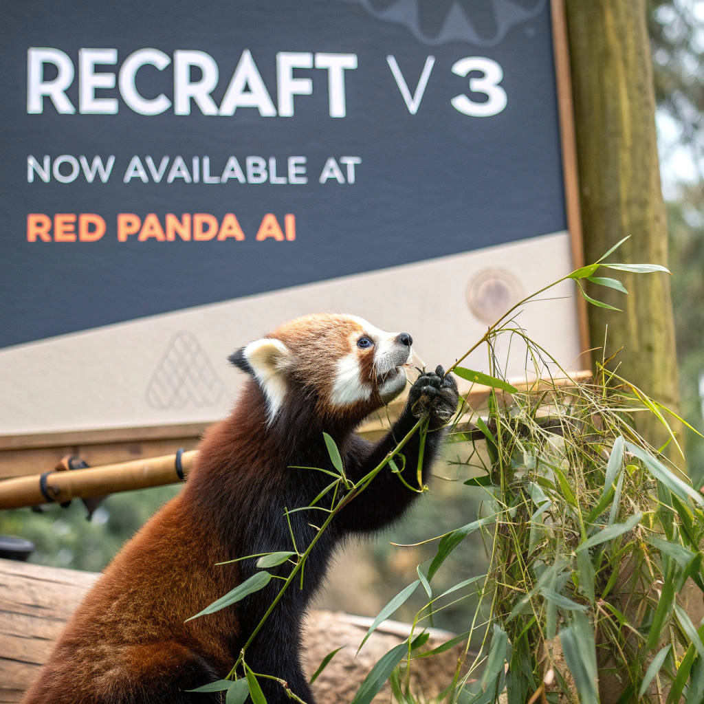 AI generated image by Red Panda AI: a red panda eating a bamboo in front of a poster that says "recraft V3 now available at red panda ai