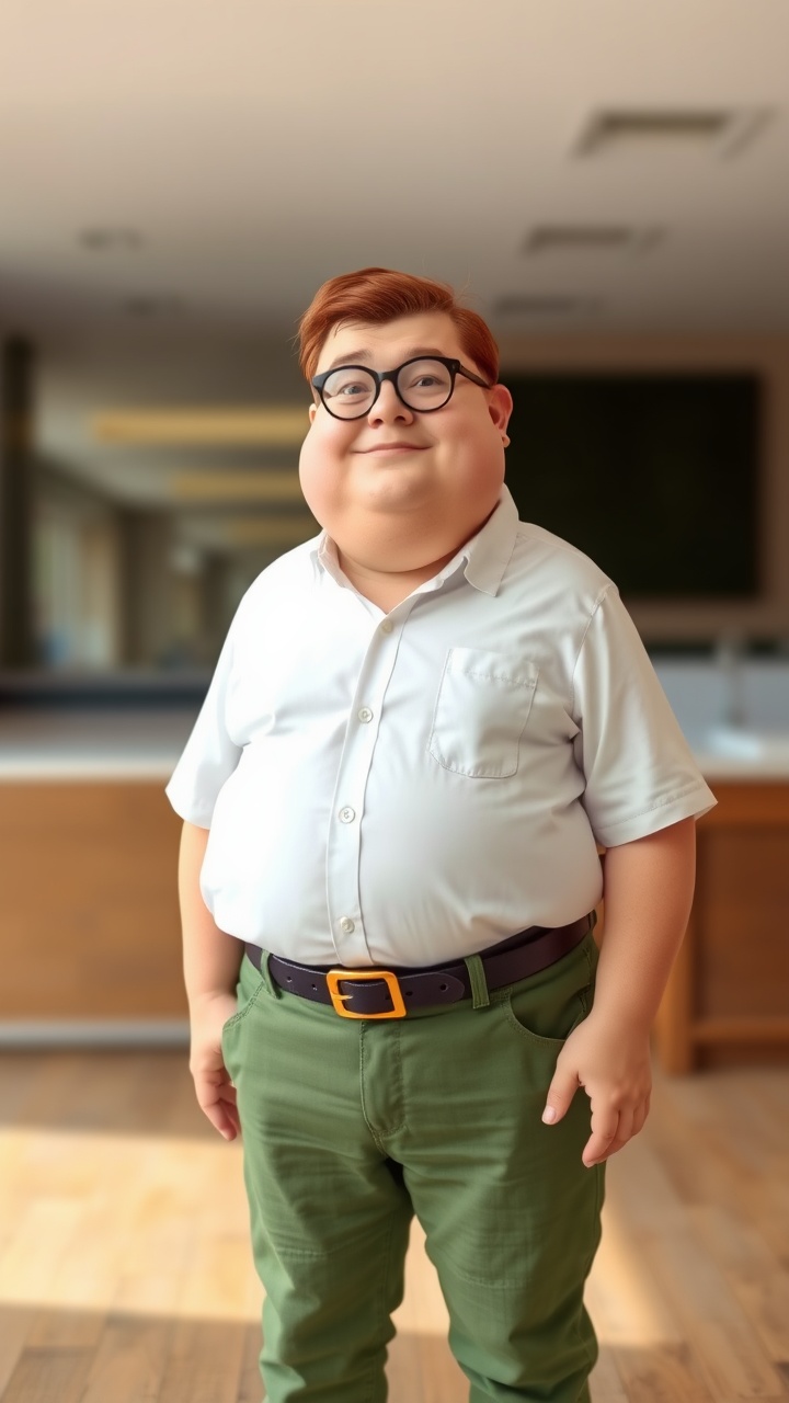 AI generated image by FLUX.1-schnell: tall overweight man with short brown hair wearing a short sleeve white button shirt green pants black belt with yellow buckle black round glasses and brown shoes