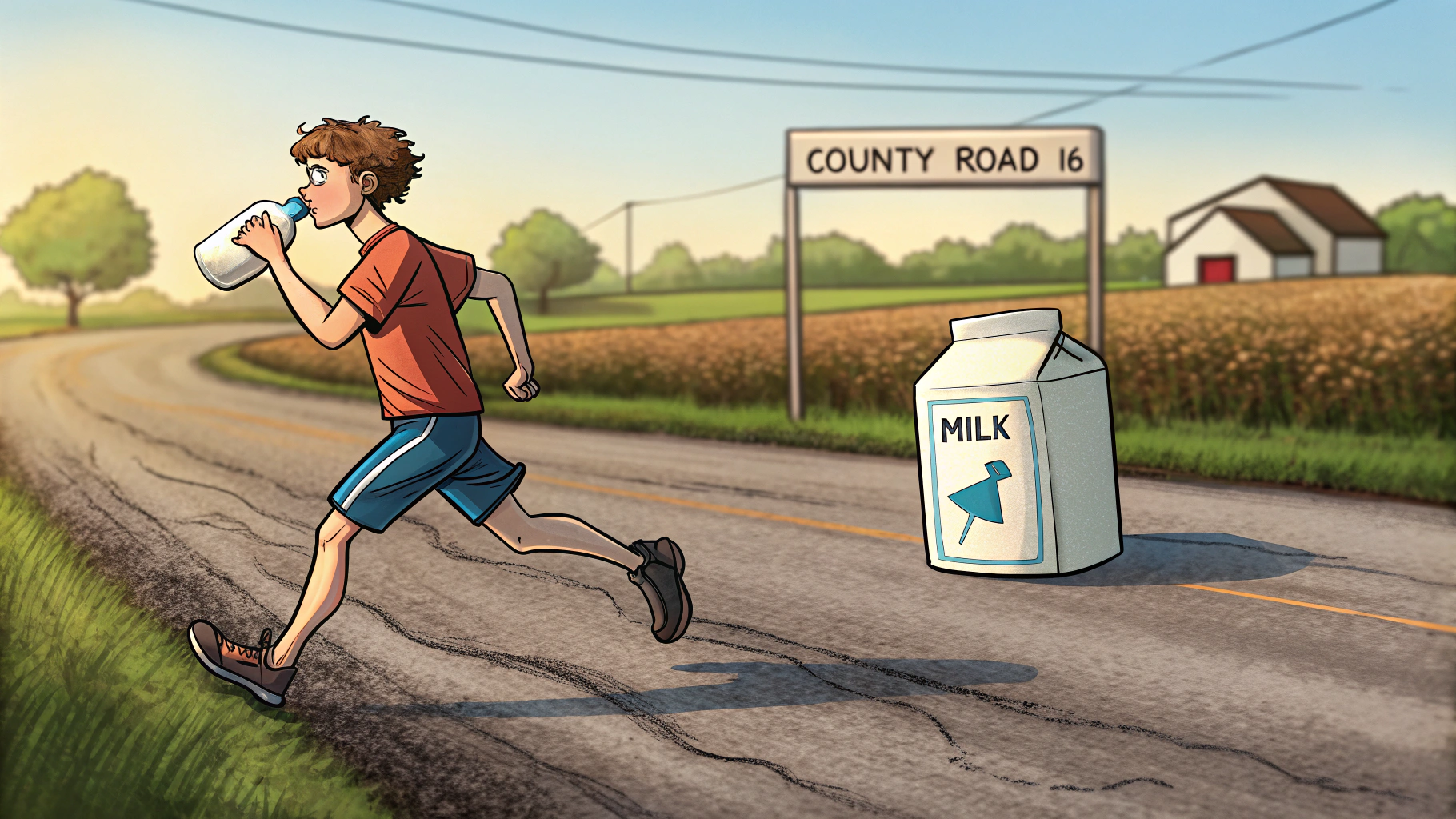 AI generated image by Red Panda AI: a teenager running down a county road in Nebraska drinking a gallon of milk. The milk carton says "Milk". A sign says "County Road 16", polaroid style photo, cartoon style