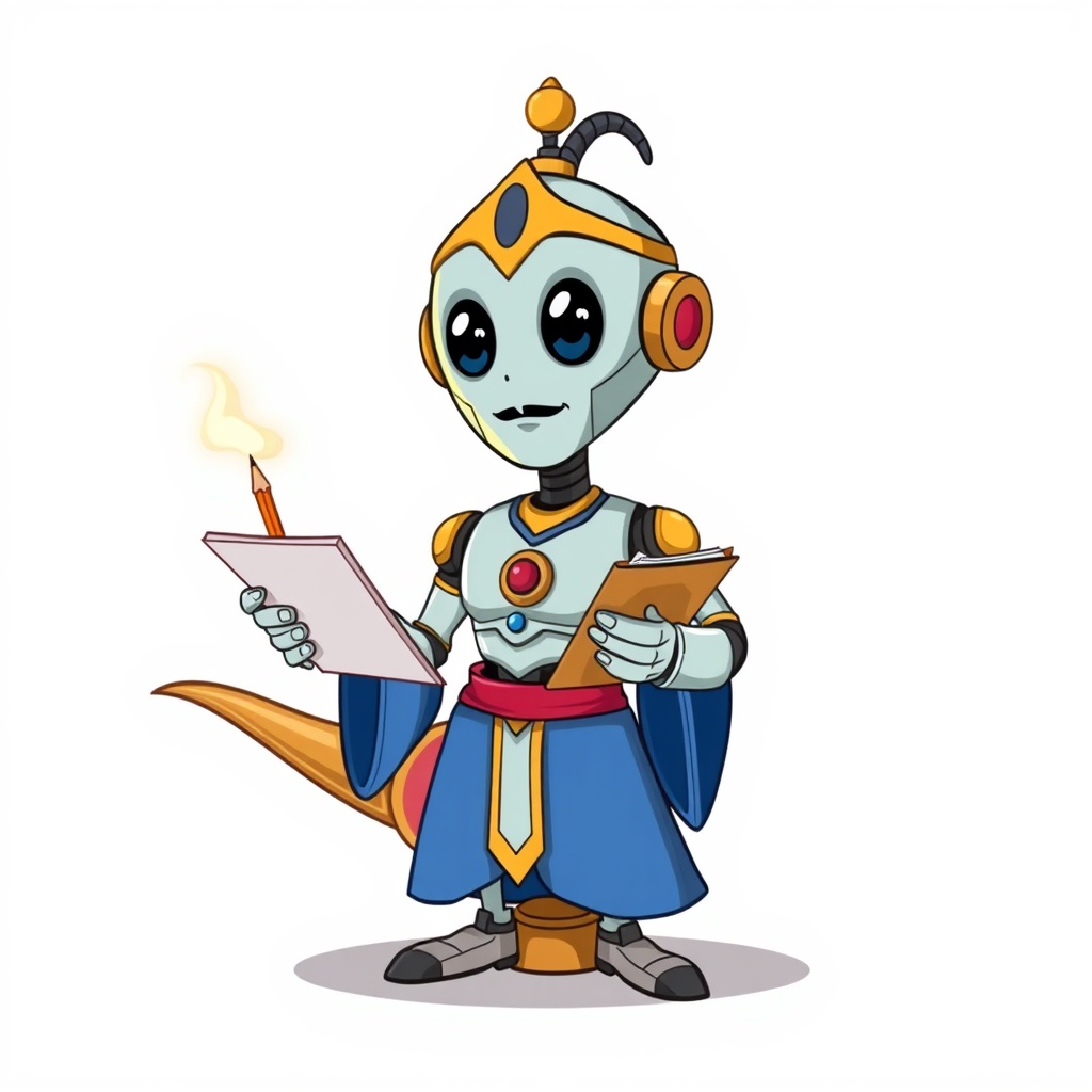 AI generated image by FLUX.1-schnell: Draw a cartoon character that looks part robot and part genie like the Alladin genie mixed with a robot. Make him look like an ai robot slash genie coming out of a genie lamp with a notepad and pencil in his hand for taking notes.