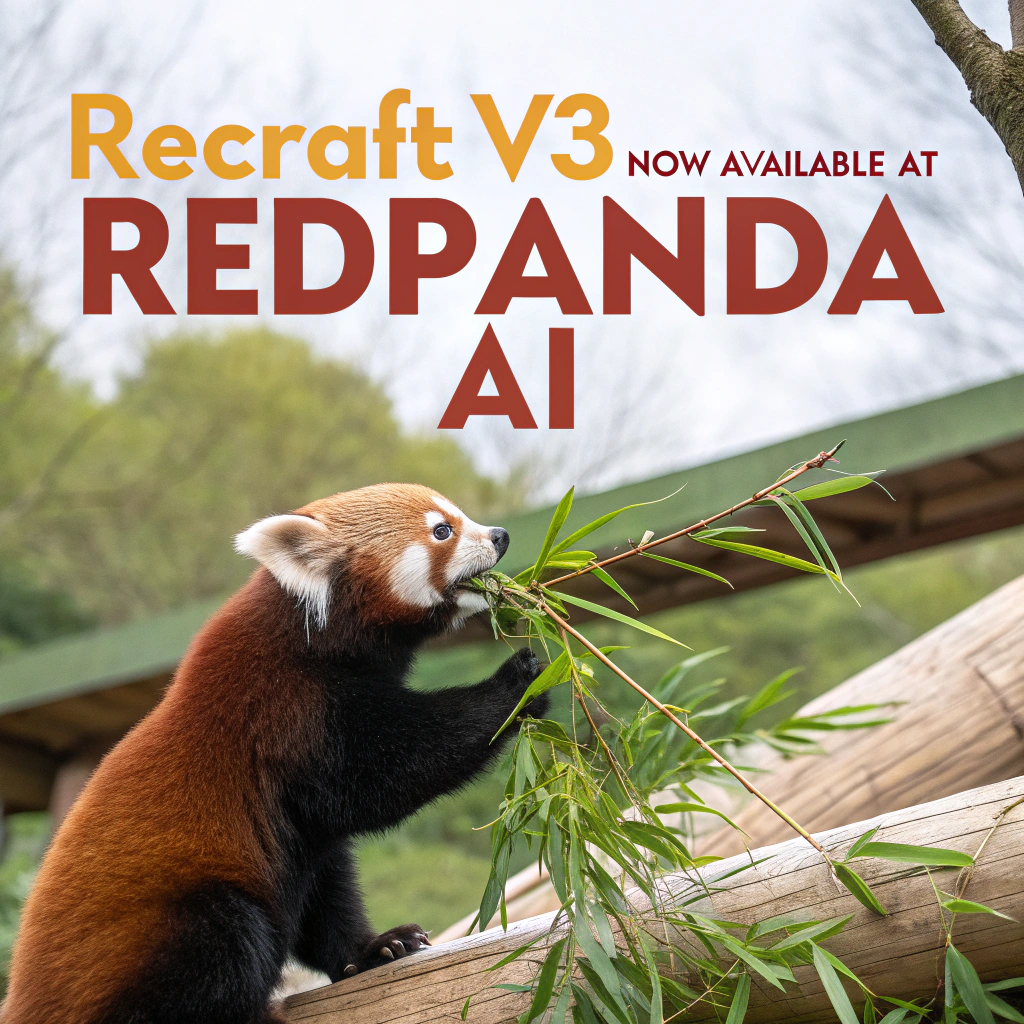AI generated image by Red Panda AI: a red panda eating a bamboo in front of a poster that says "recraft V3 now available at red panda ai
