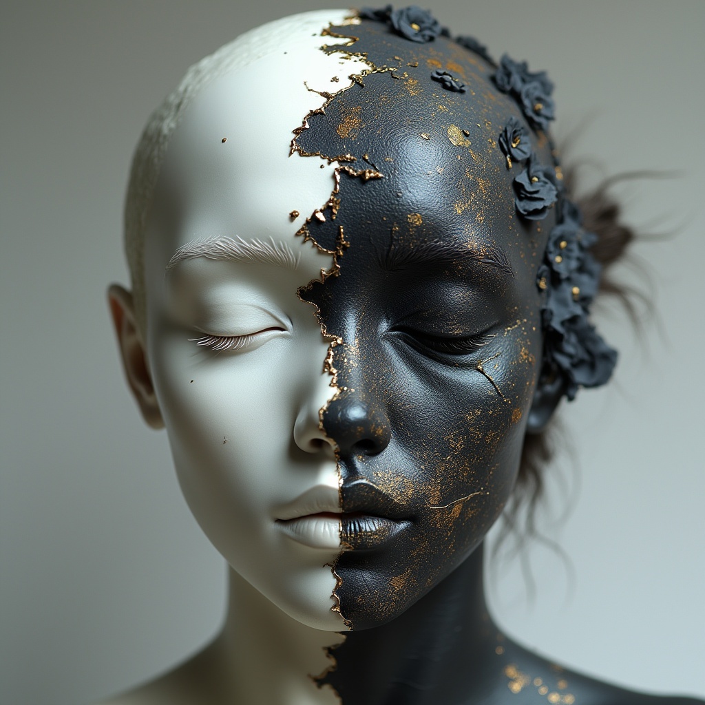 AI generated image by FLUX.1-pro: Esta máscara cubre únicamente el rostro, dejando el cabello completamente visible. Su diseño representa la lucha interna entre la luz y la oscuridad, con un acabado elegante y gótico.
La parte derecha del rostro es de porcelana blanca impecable, con un acabado liso y detalles sutiles en filigrana plateada o dorada. Representa la pureza y el pasado glorioso.
La parte izquierda está agrietada y desgastada, como si estuviera fragmentándose. Su textura es rugosa, con tonos negro mate o gris carbón, simulando cenizas o piedra rota. Se pueden ver grietas finas que brillan en rojo oscuro, azul profundo o violeta, dando la impresión de energía contenida.
Ambas cavidades oculares son profundas y oscuras, pero en la parte dañada, el contorno se ve desgarrado, como si la máscara hubiera sido parcialmente destruida.
Los extremos de la máscara tienen inscripciones góticas, runas o marcas simbólicas que representan la caída y la redención. Algunas versiones pueden incluir líneas que simulan lágrimas negras o marcas de quemaduras