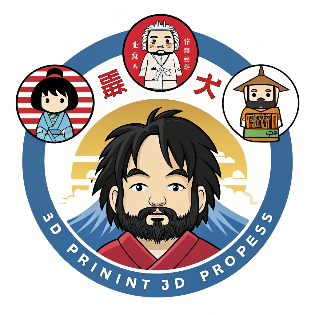 AI generated image by Red Panda AI: Je souhaite avoir un logo en cercle avec des figurines d'anime et des représentations du Japon avec en son centre un homme cheveux noir, barbe mal rasée dans la quarantaine le haut du logo est en train de se faire imprimer par une imprimante 3D