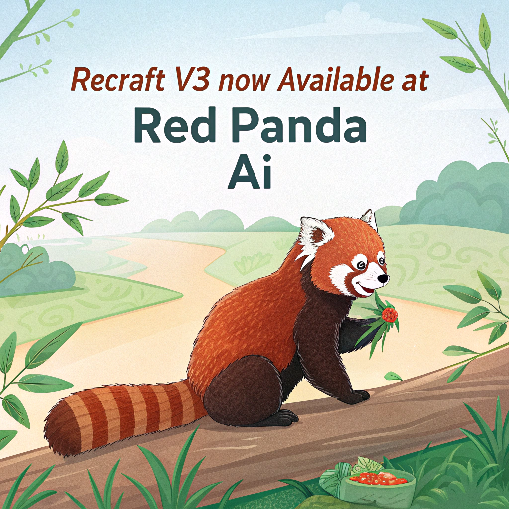 AI generated image by Red Panda AI: a red panda eating a bamboo in front of a poster that says "recraft V3 now available at red panda ai