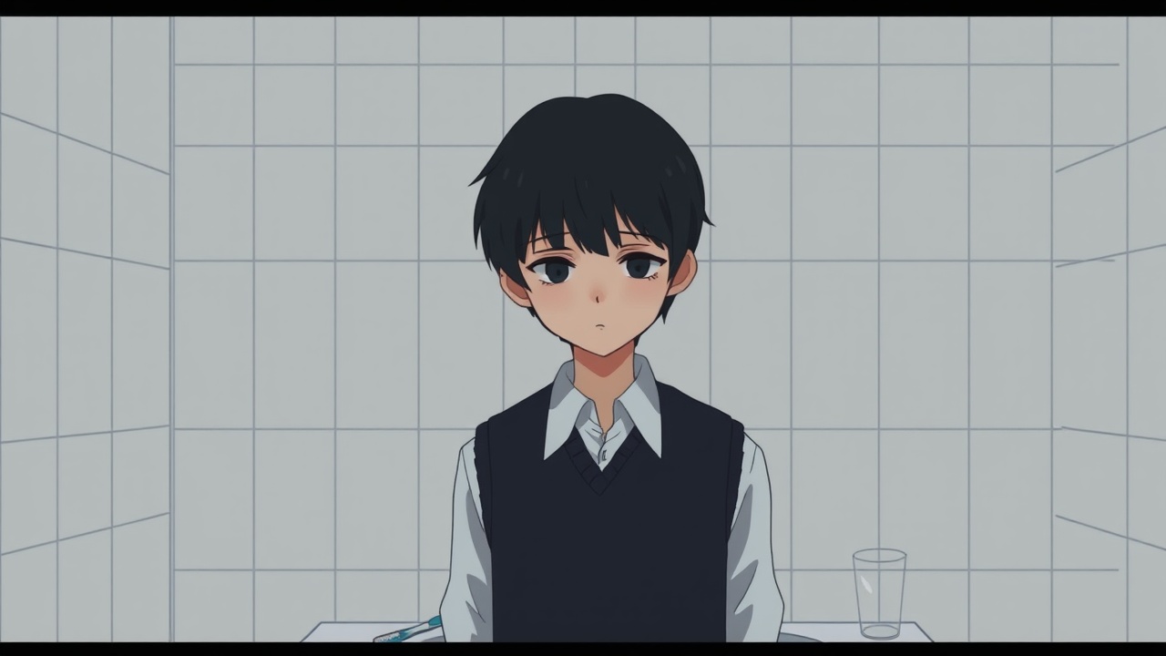 AI generated image by FLUX.1-schnell: Omocat's omori game artstyle, The image depicts a young person standing in front of a bathroom sink, their expression somber. Their dark hair is neatly styled, and they are dressed in a white shirt with a dark vest. The tiled walls behind them are plain and featureless, creating a sense of isolation. The only other elements in the scene are a toothbrush and a glass on the counter, suggesting a routine that the individual may find difficult to engage in. The overall mood of the image is melancholic, hinting at a sense of loneliness or sadness. The subdued colors and minimalist composition further contribute to the somber atmosphere. The image leaves room for interpretation, inviting viewers to consider the inner thoughts and feelings of the subject.