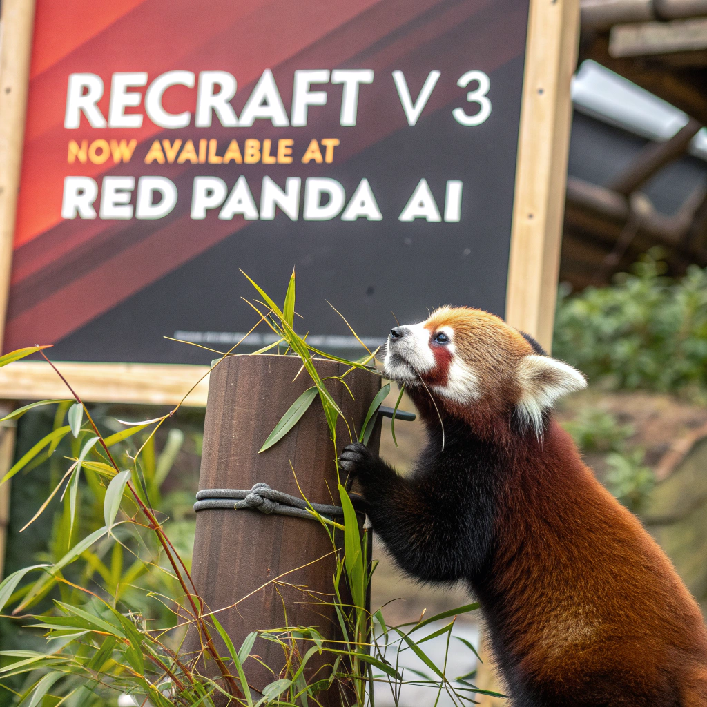 AI generated image by Red Panda AI: a red panda eating a bamboo in front of a poster that says "recraft V3 now available at red panda ai