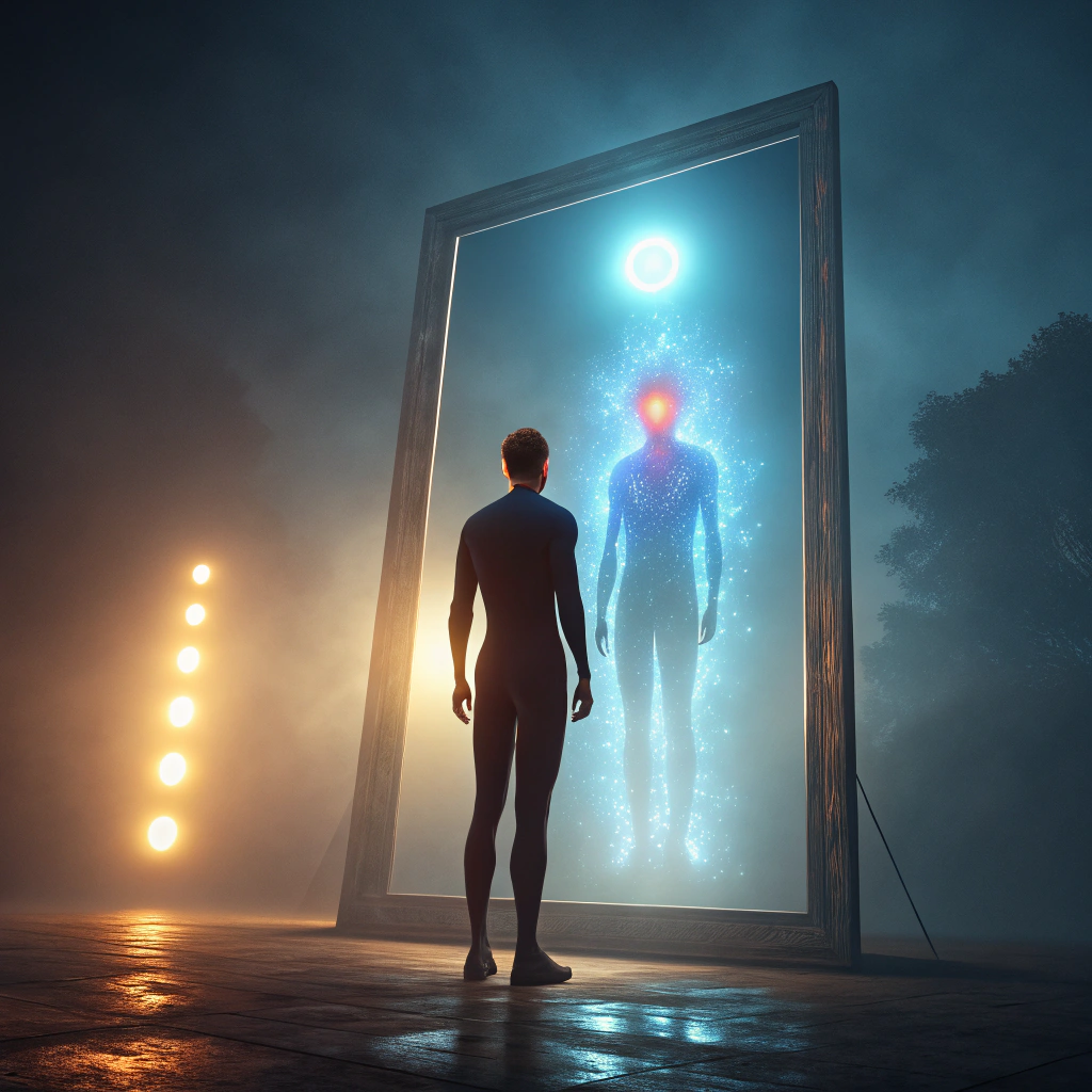 AI generated image by Red Panda AI: A lone figure stands before a massive mirror, but his reflection reveals three overlapping energy forms—body, soul, and spirit—each glowing with a different intensity."