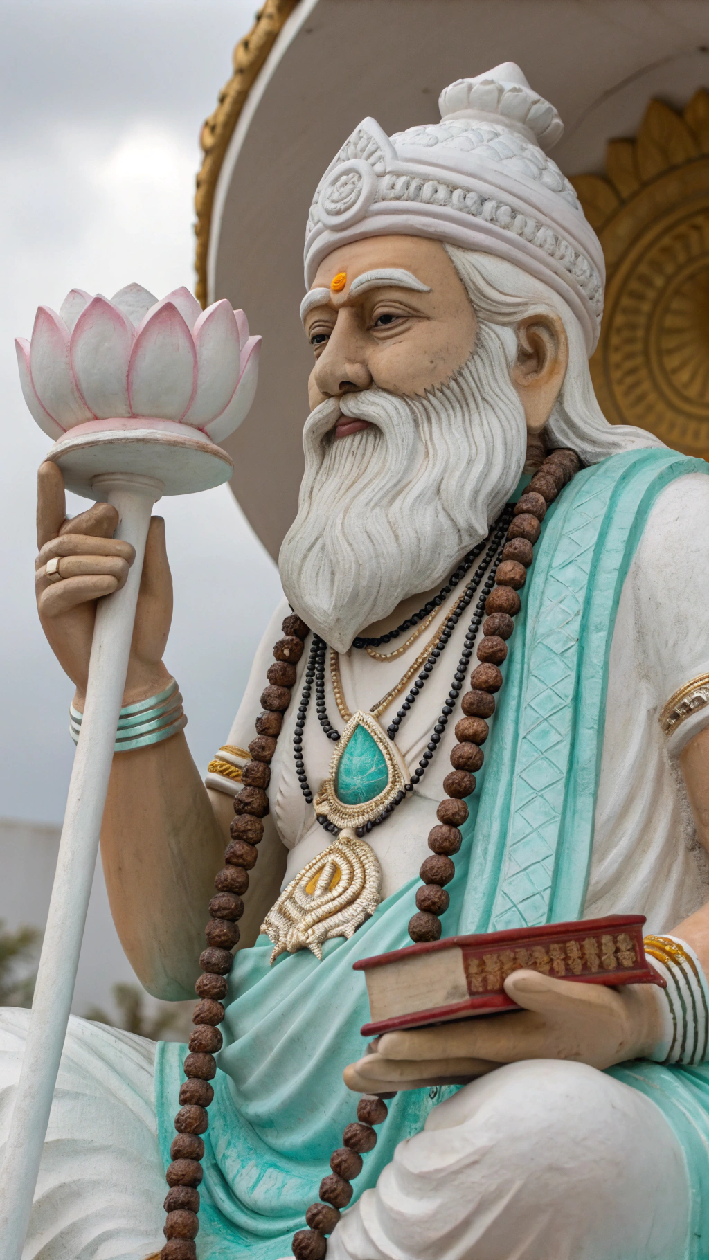 AI generated image by Red Panda AI: A detailed, realistic rendering of Brahma, following Hindu mythology, depicted with four faces in serene, wise expressions, each with naturalistic skin texture. His white beard and mustache add a dignified appearance. Brahma’s attire is traditional and colored in soft white and turquoise tones, with intricate textures and designs. His four hands hold a lotus, a water pot, a book, and a rosary, each highly detailed and symbolically significant. Soothing color palette with cool and warm earthy colors. Gentle lighting and subtle highlights emphasize his sacred presence.