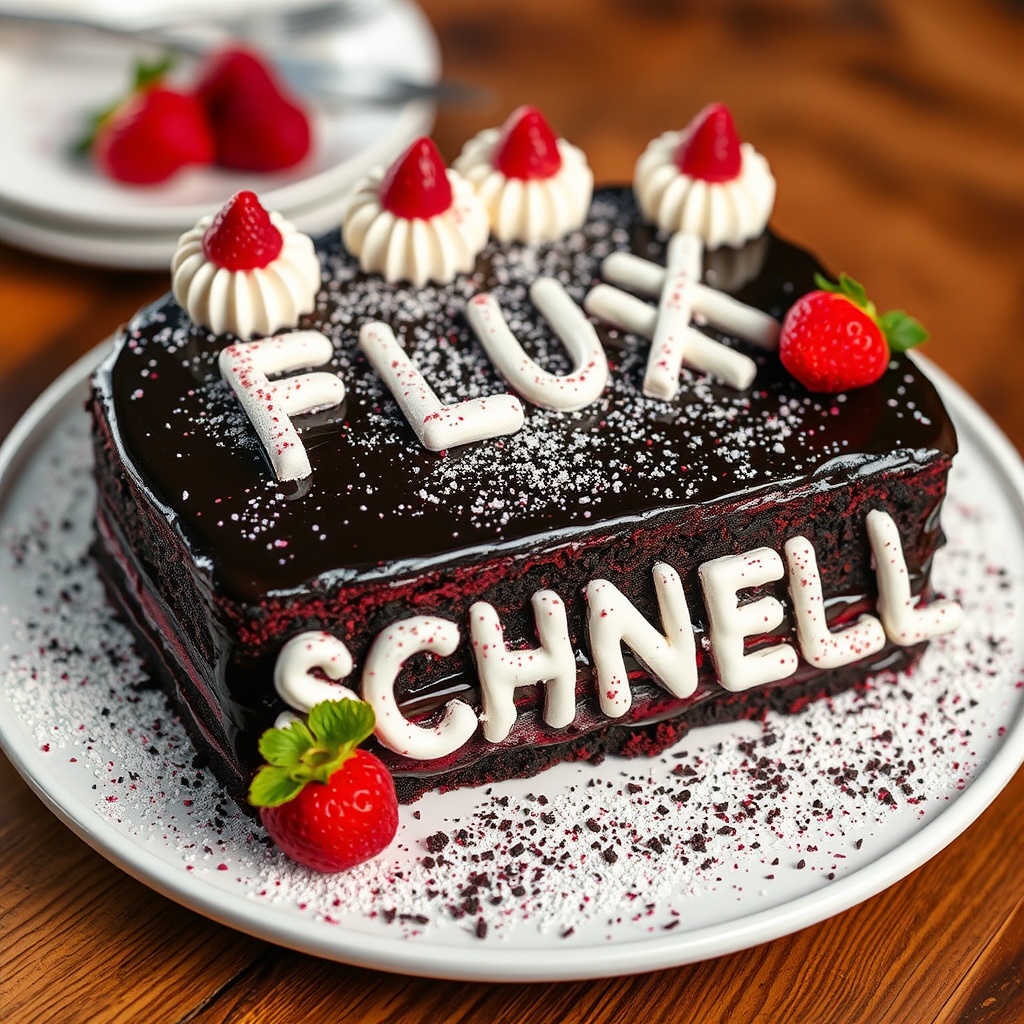 AI generated image by FLUX.1-schnell: black forest gateau cake spelling out the words "FLUX SCHNELL", tasty, food photography, dynamic shot