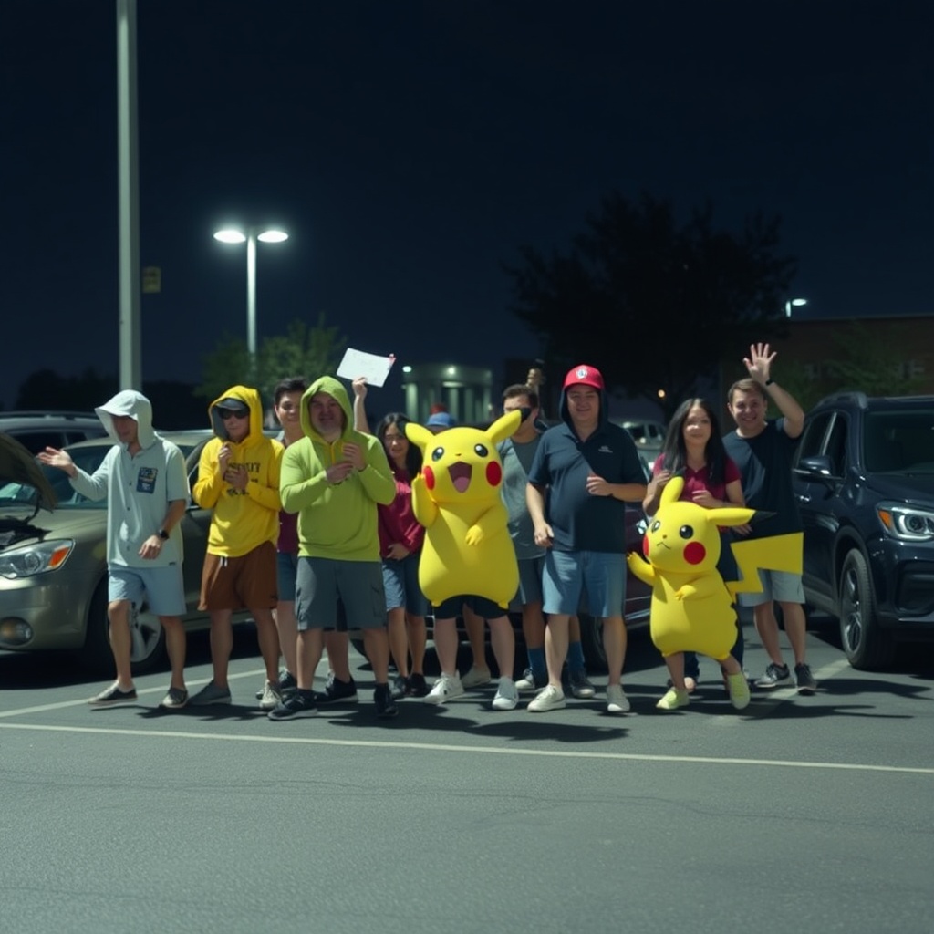 AI generated image by FLUX.1-schnell: img_001.jpg, screaming group, parking lot, going crazy, pikachu